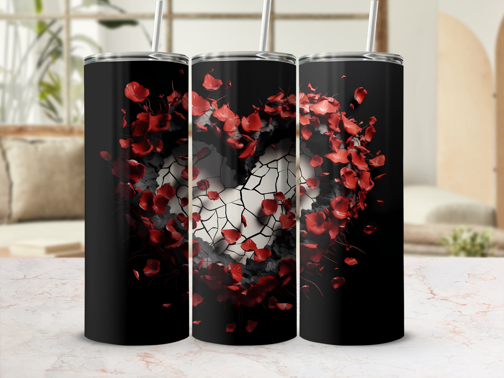 Romantic Shattered Heart Design Insulated Tumbler