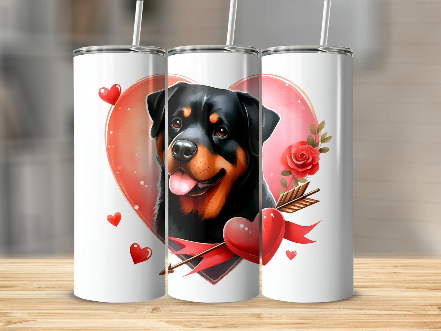 Rottweiler's face on a heart with roses and arrows on a tumbler.