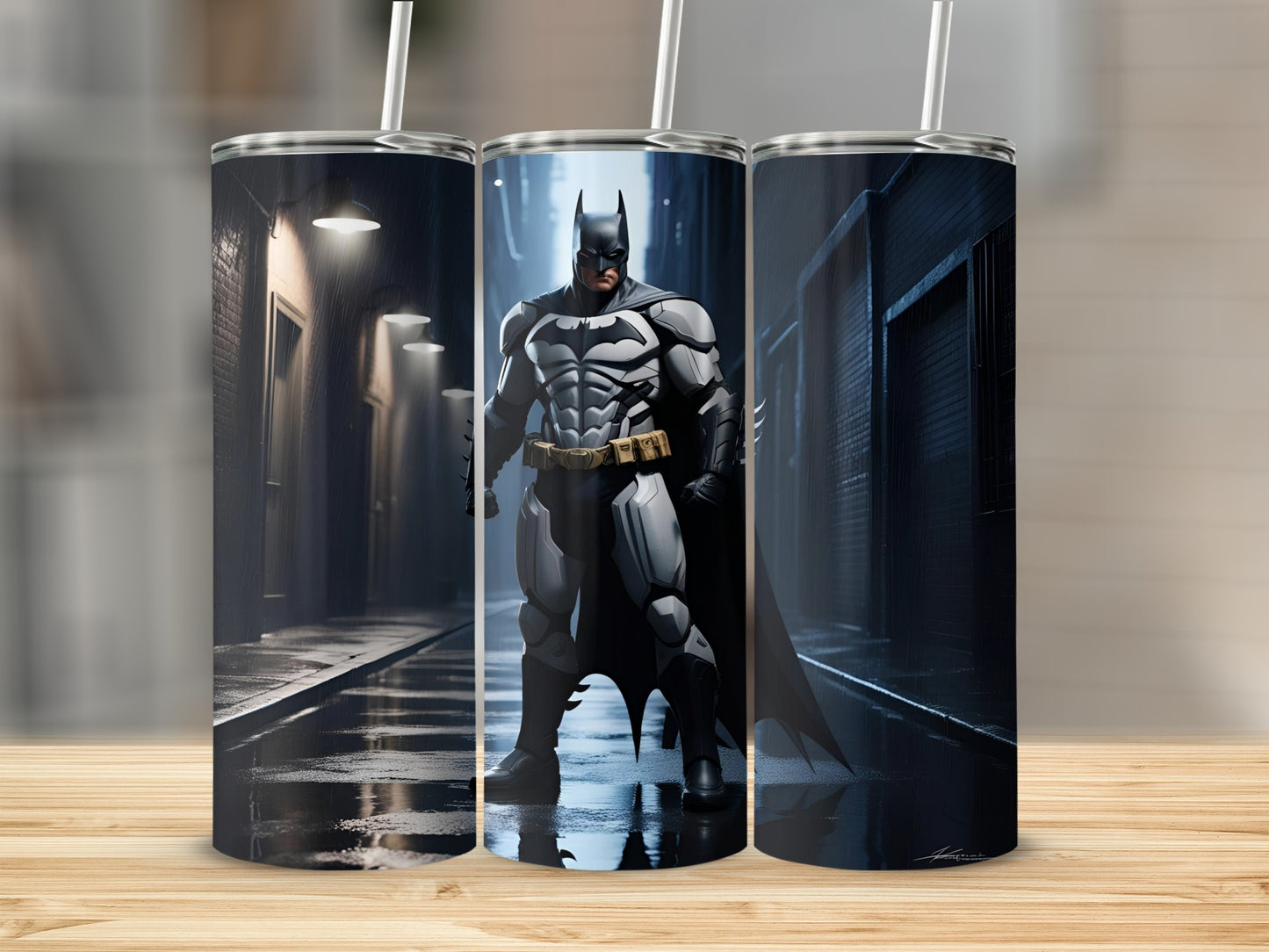 Batman standing in a wet alley at night, looking forward.