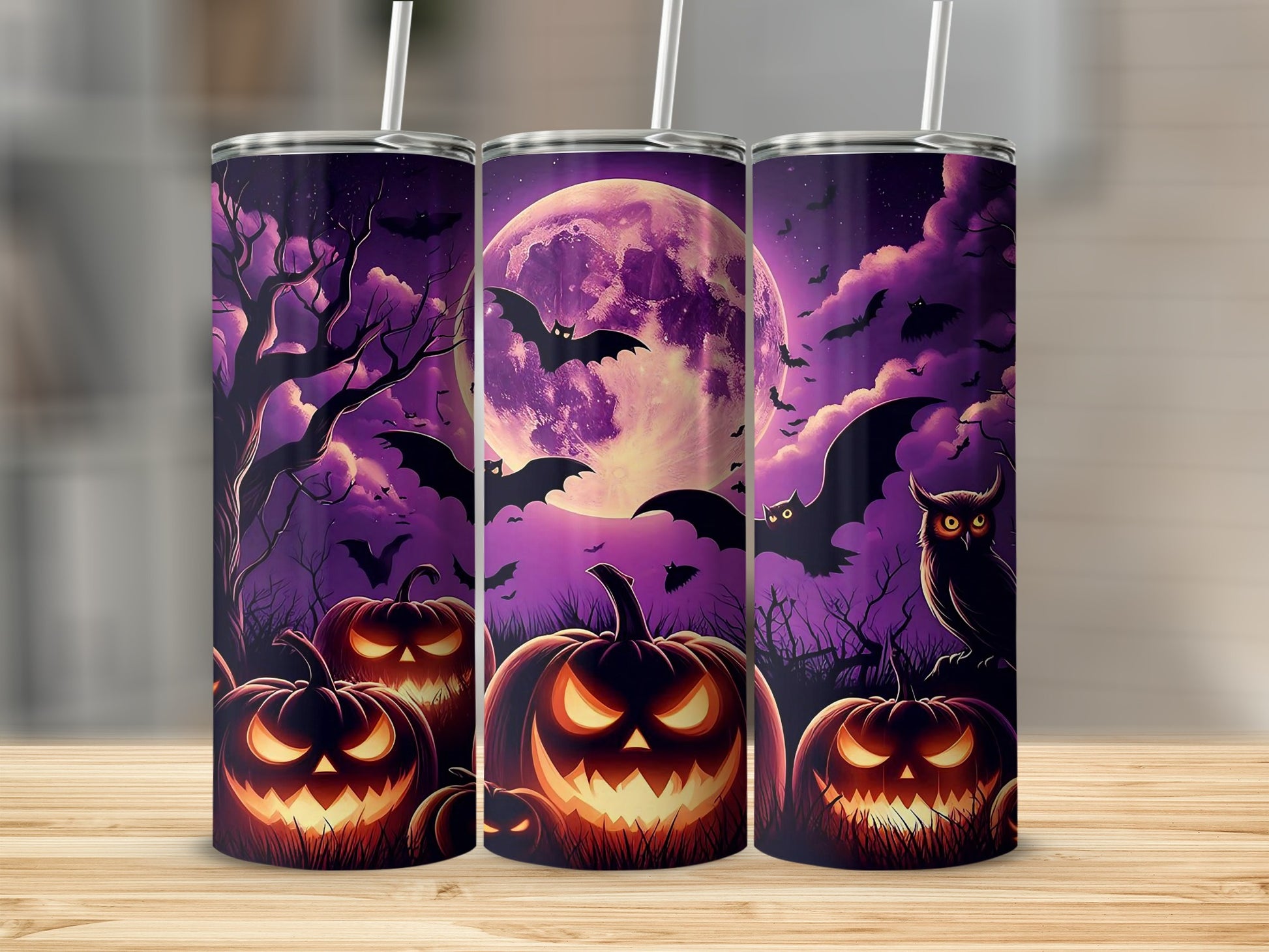 Spooky Halloween Night Scene Tumbler with Bats and Pumpkins