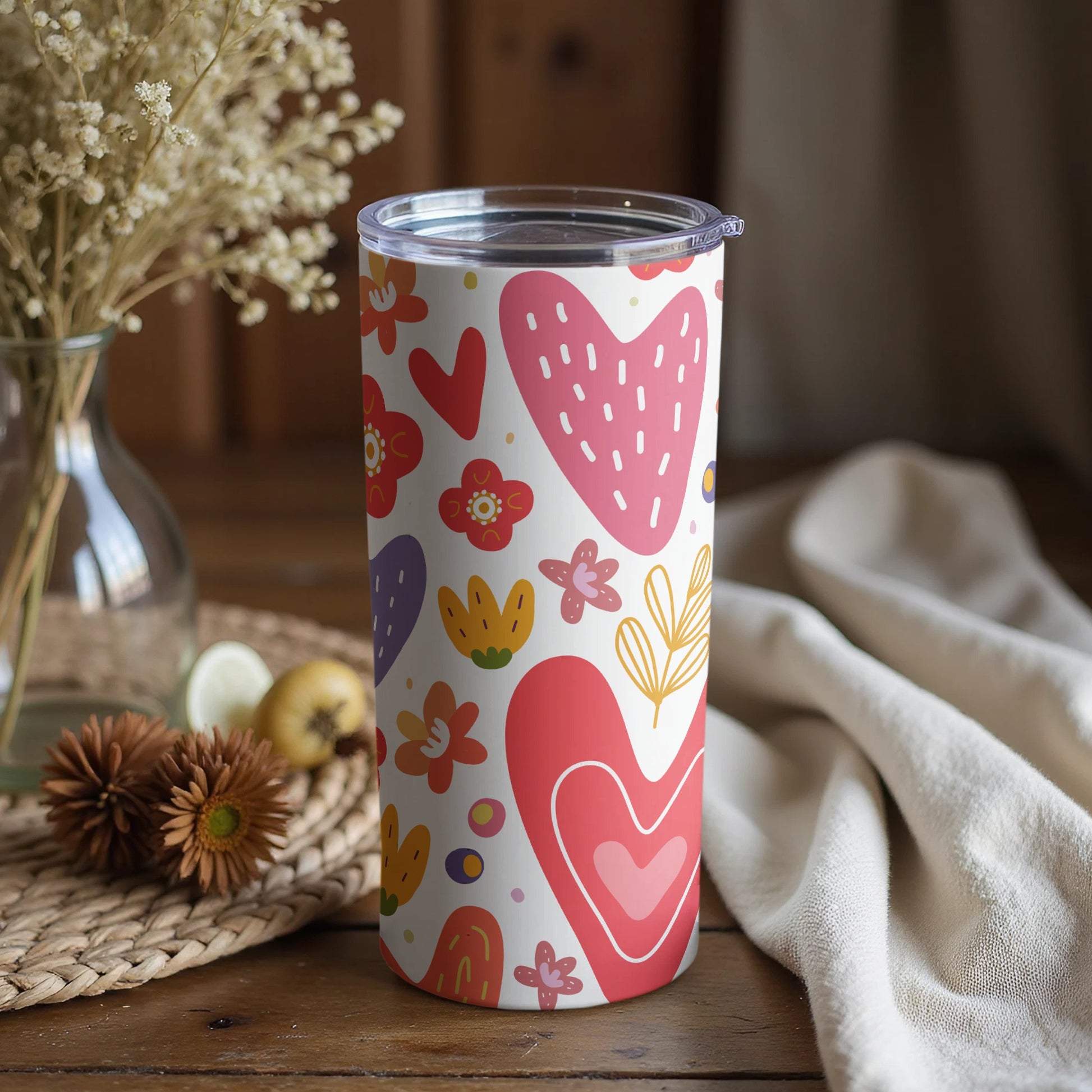 Colorful Hearts and Flowers Design Tumbler Cup