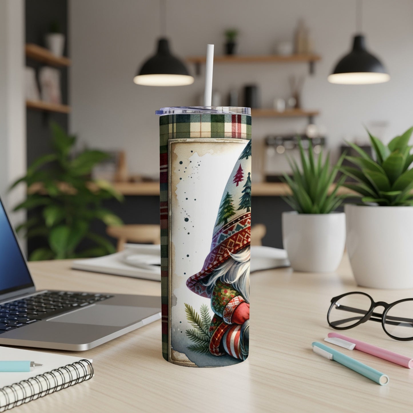 Tumbling gnome with checkered hat and Christmas tree on insulated tumbler.