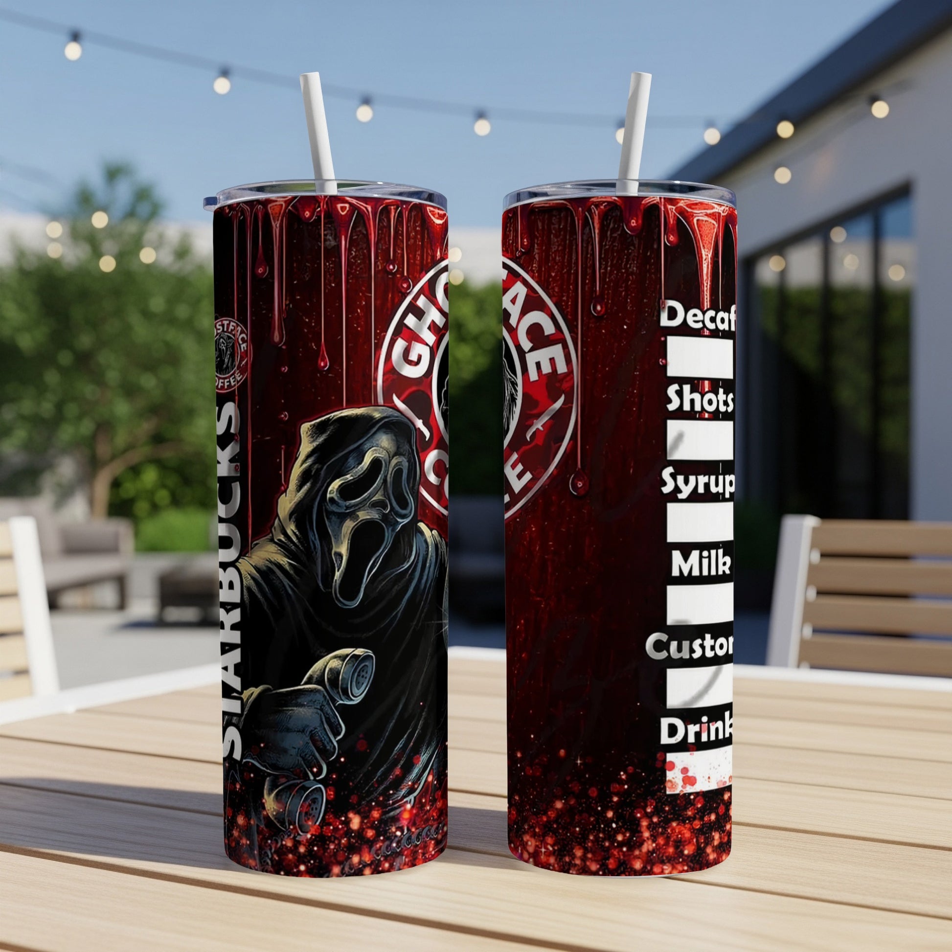 Starbucks Ghostface tumbler with coffee order options on right.