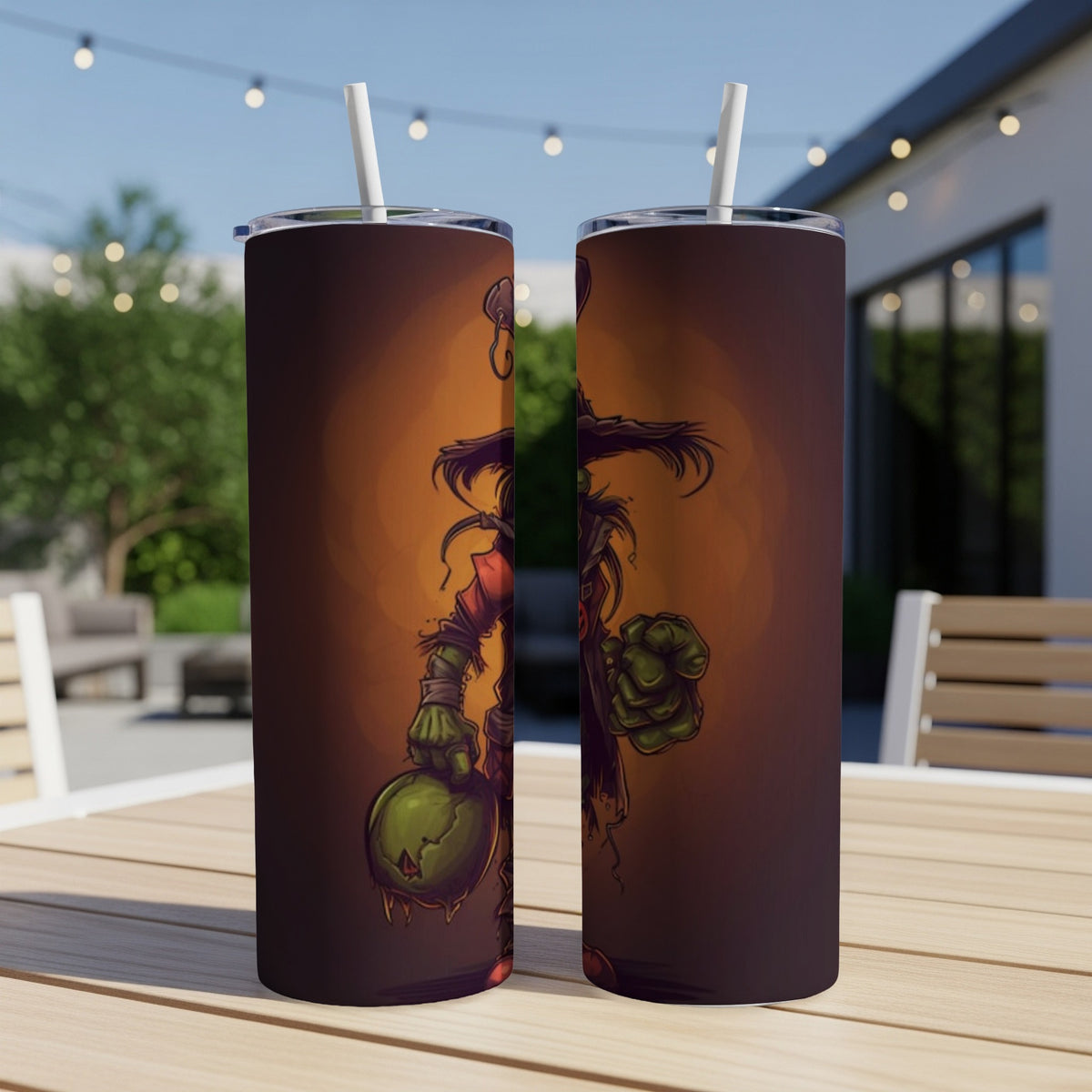 Two tumblers with a cartoon zombie holding a glowing green orb and pumpkin.