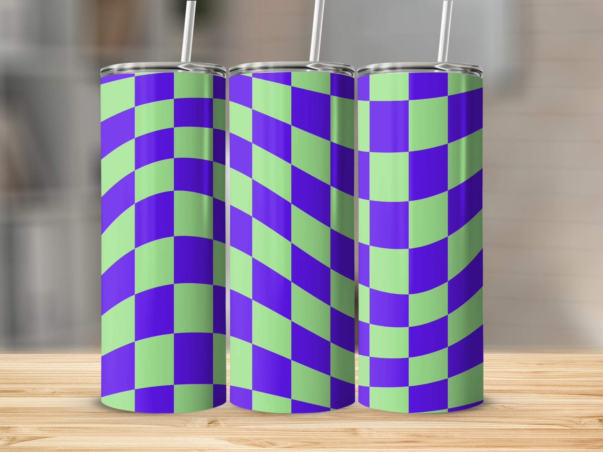 Three tumblers with a purple and green checkerboard pattern.
