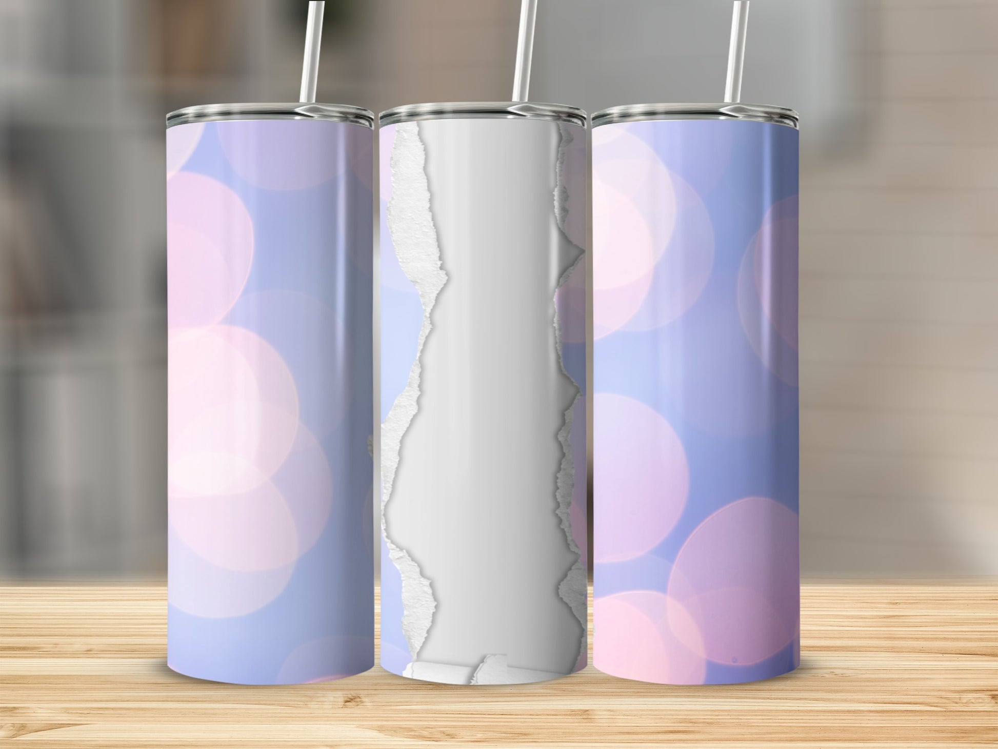 Three tumblers with a torn paper effect and bokeh background.