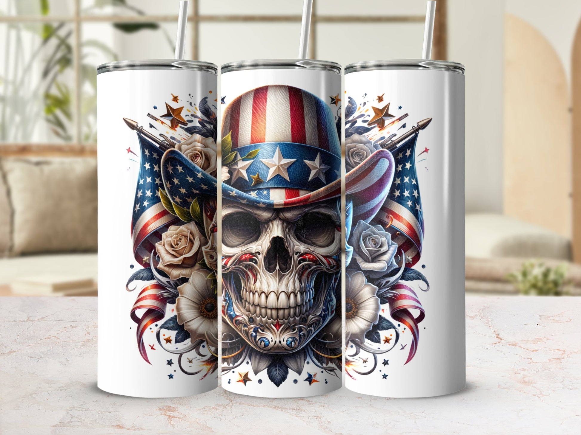 Skull wearing American flag hat with roses and stars on tumblers.
