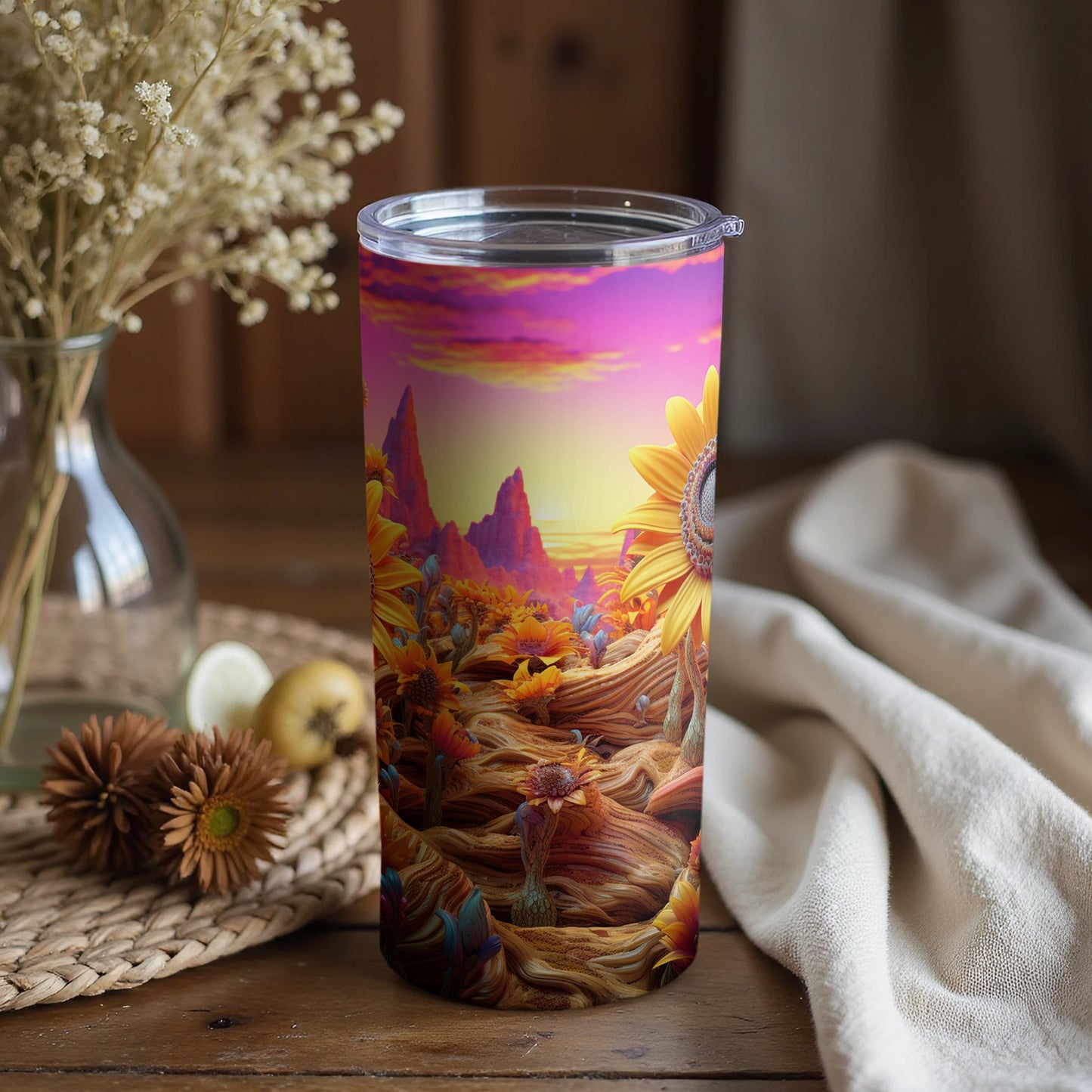 Colorful Sunflower Field Sunset Design Tumbler