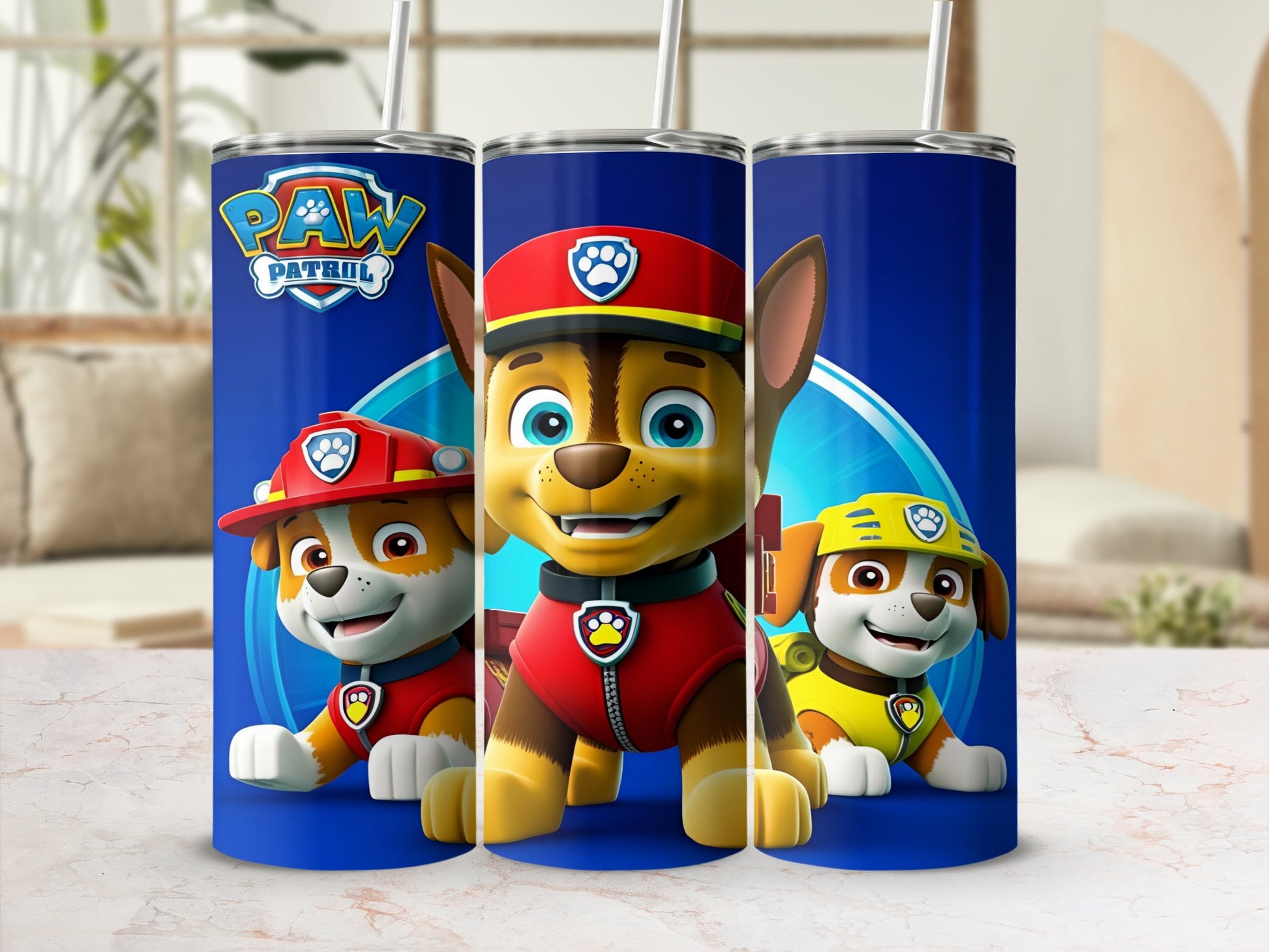 Paw Patrol tumblers featuring Chase, Marshall, and Ryder in cartoon style.