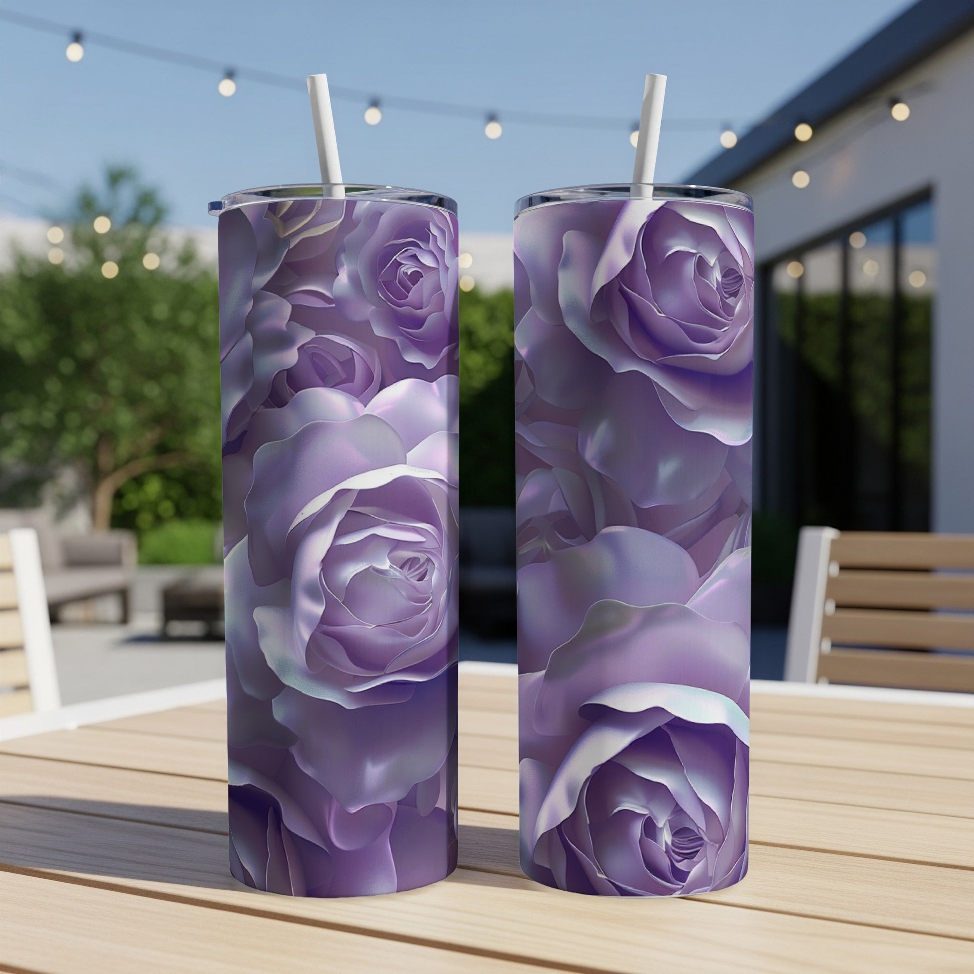 Two tall tumblers with a realistic purple rose floral pattern.