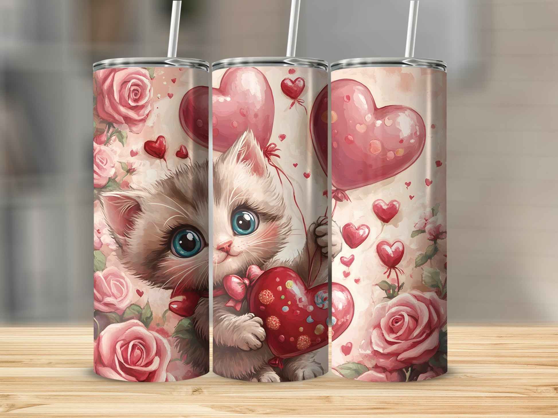 Kitten holding heart balloons and a heart-shaped gift with roses.