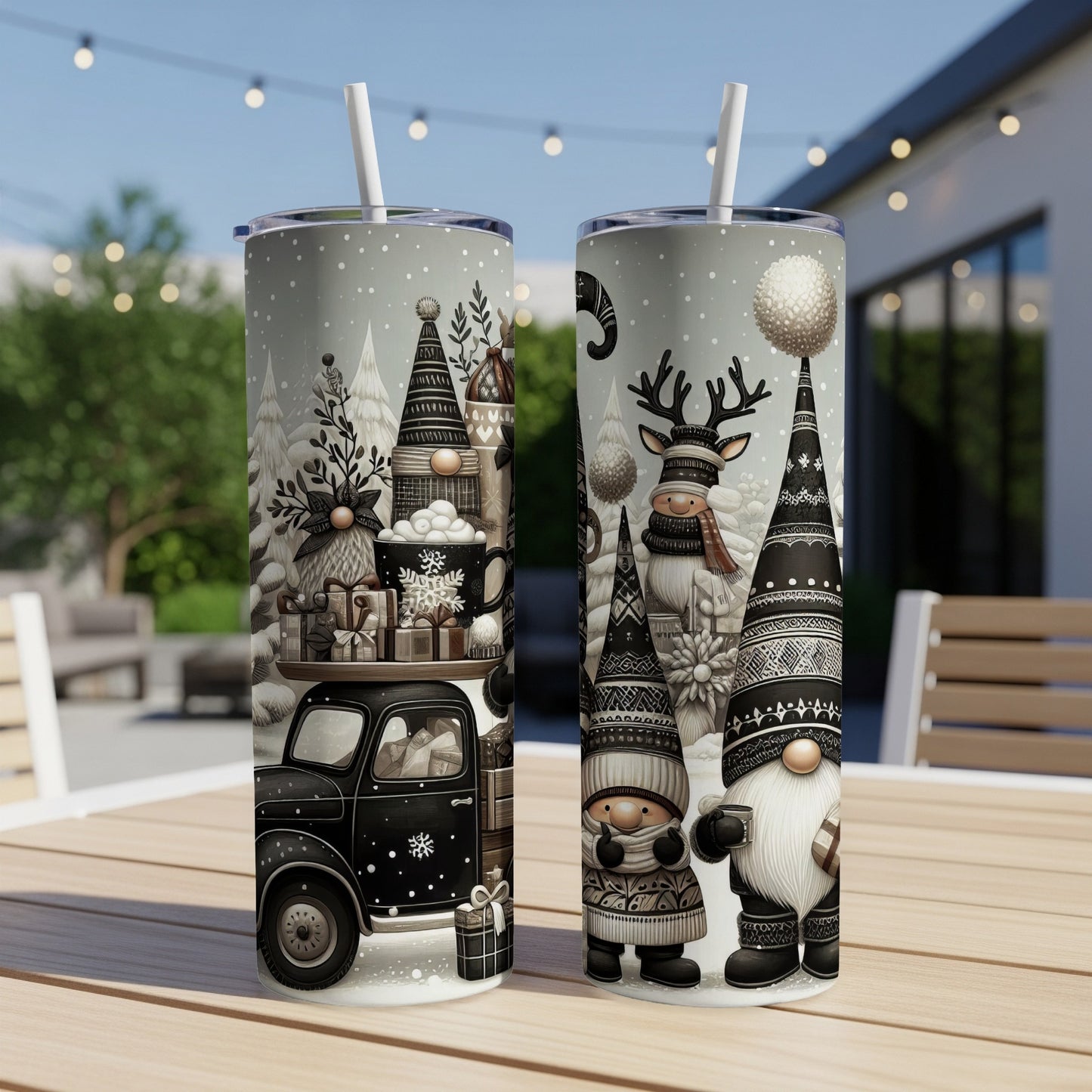 Christmas gnomes and gifts loaded onto a vintage truck, outdoor setting.