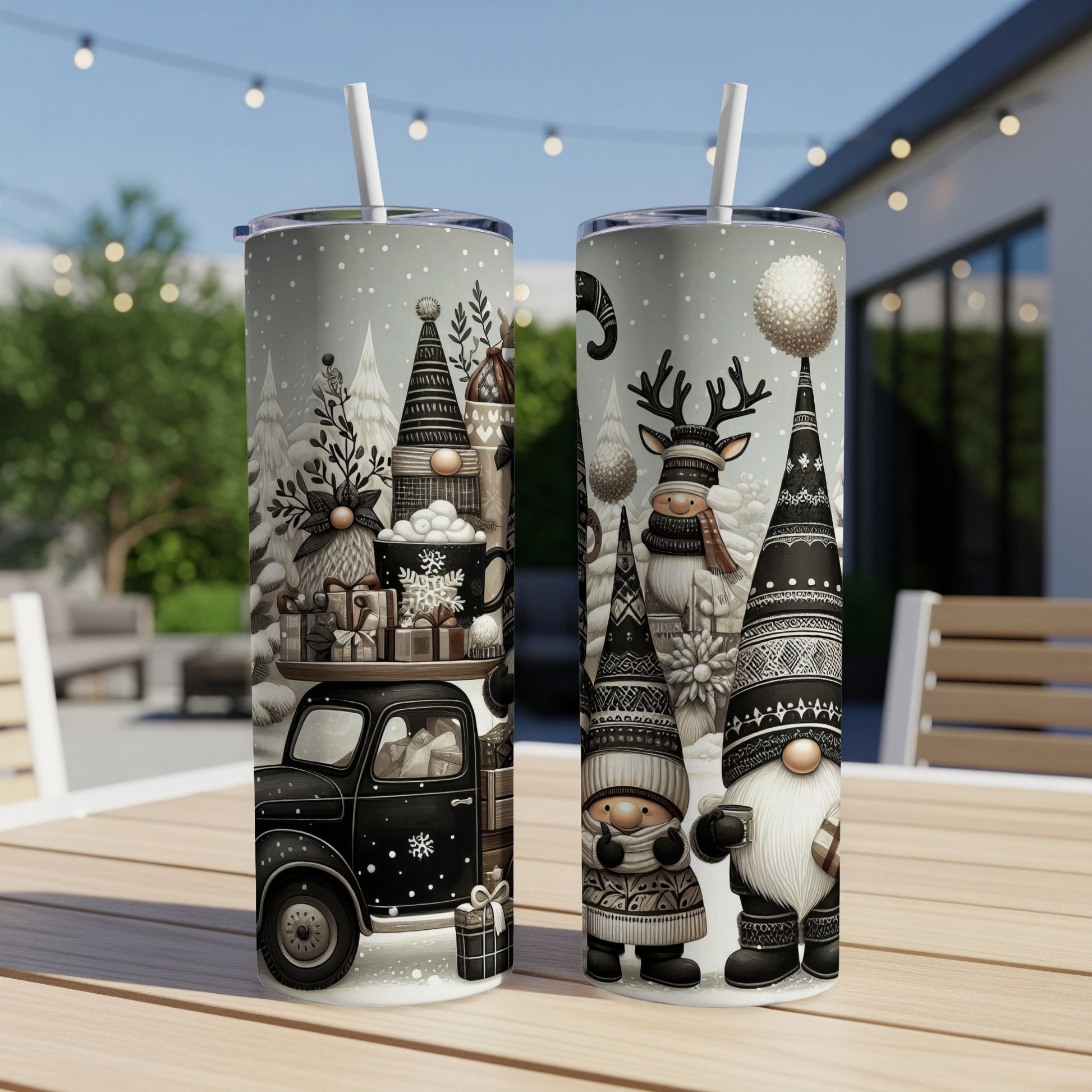 Christmas gnomes and gifts loaded onto a vintage truck, outdoor setting.