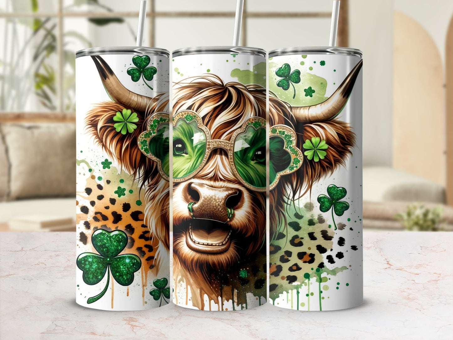 Highland cow wearing shamrock sunglasses, with green splatters and leopard print accents.