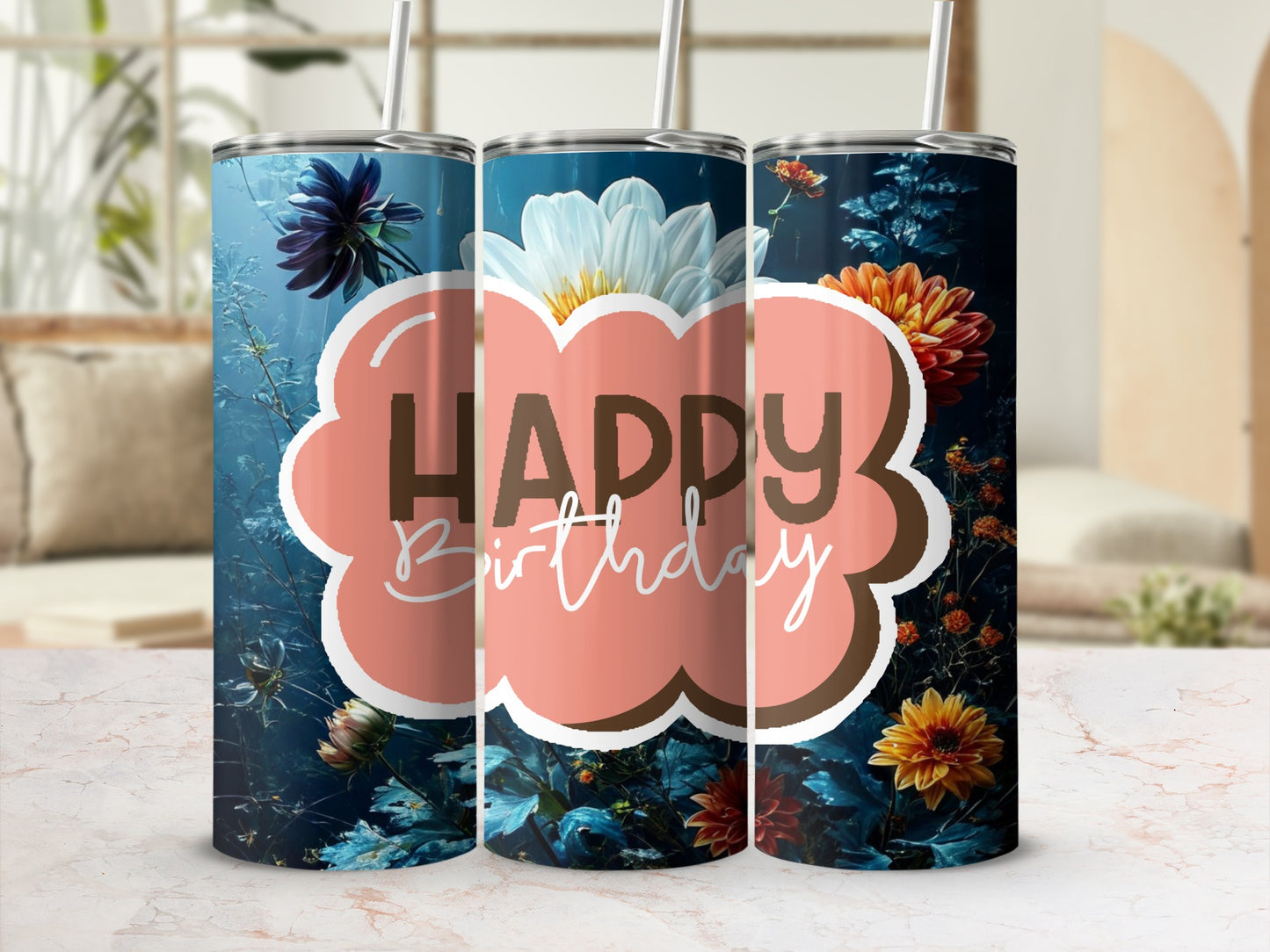Floral birthday tumbler with "Happy Birthday" text.