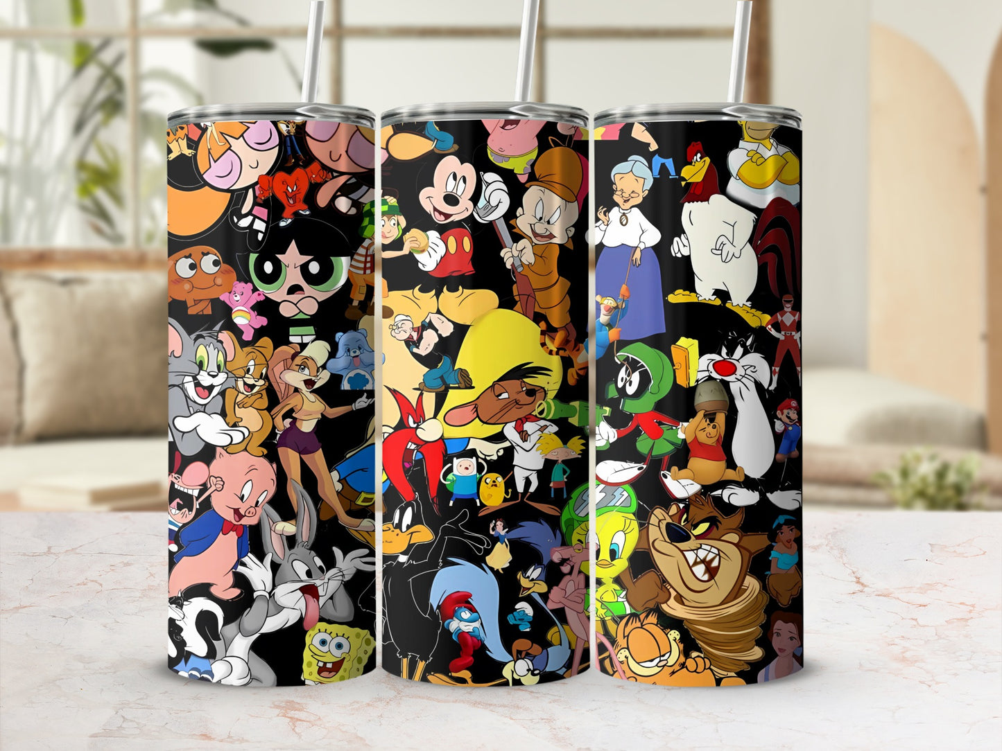 Cartoon Characters Themed Colorful Tumbler With Straw