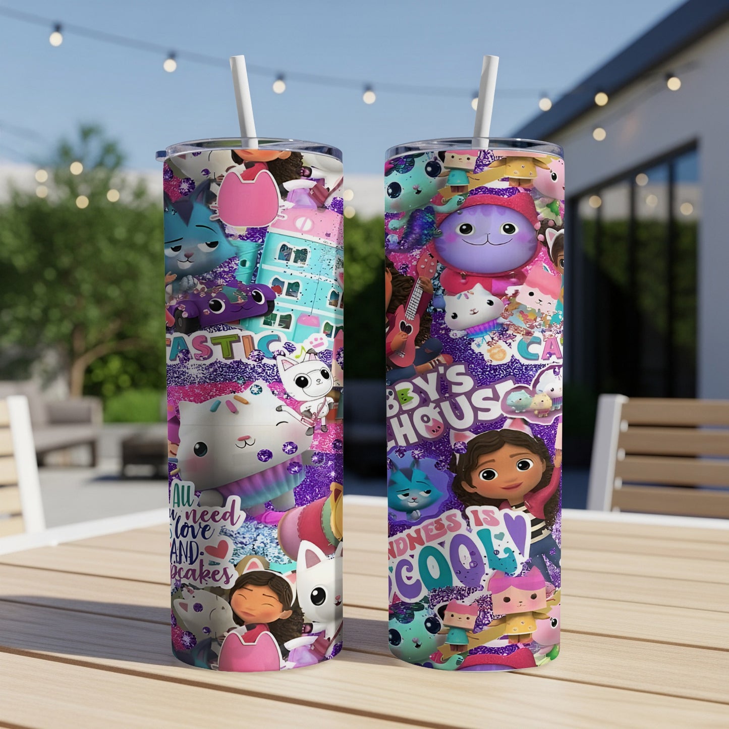 Gabby's Dollhouse tumbler with cats, characters, and colorful patterns.