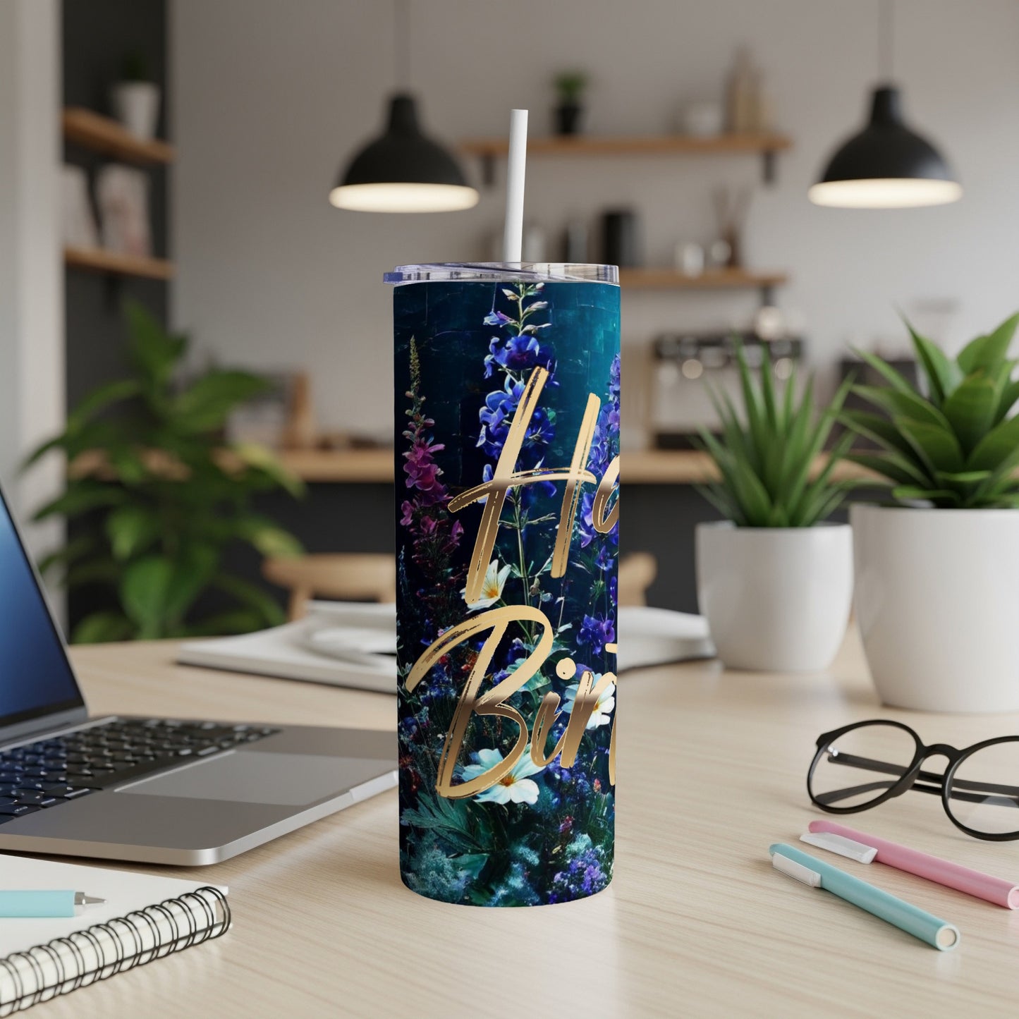 Blue floral tumbler with "Hello Beautiful" in gold lettering.