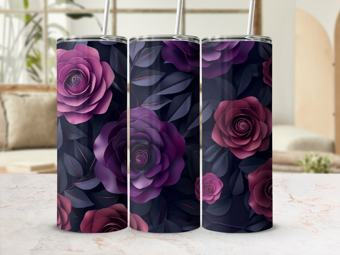Dark floral tumbler with large purple and pink roses and leaves.