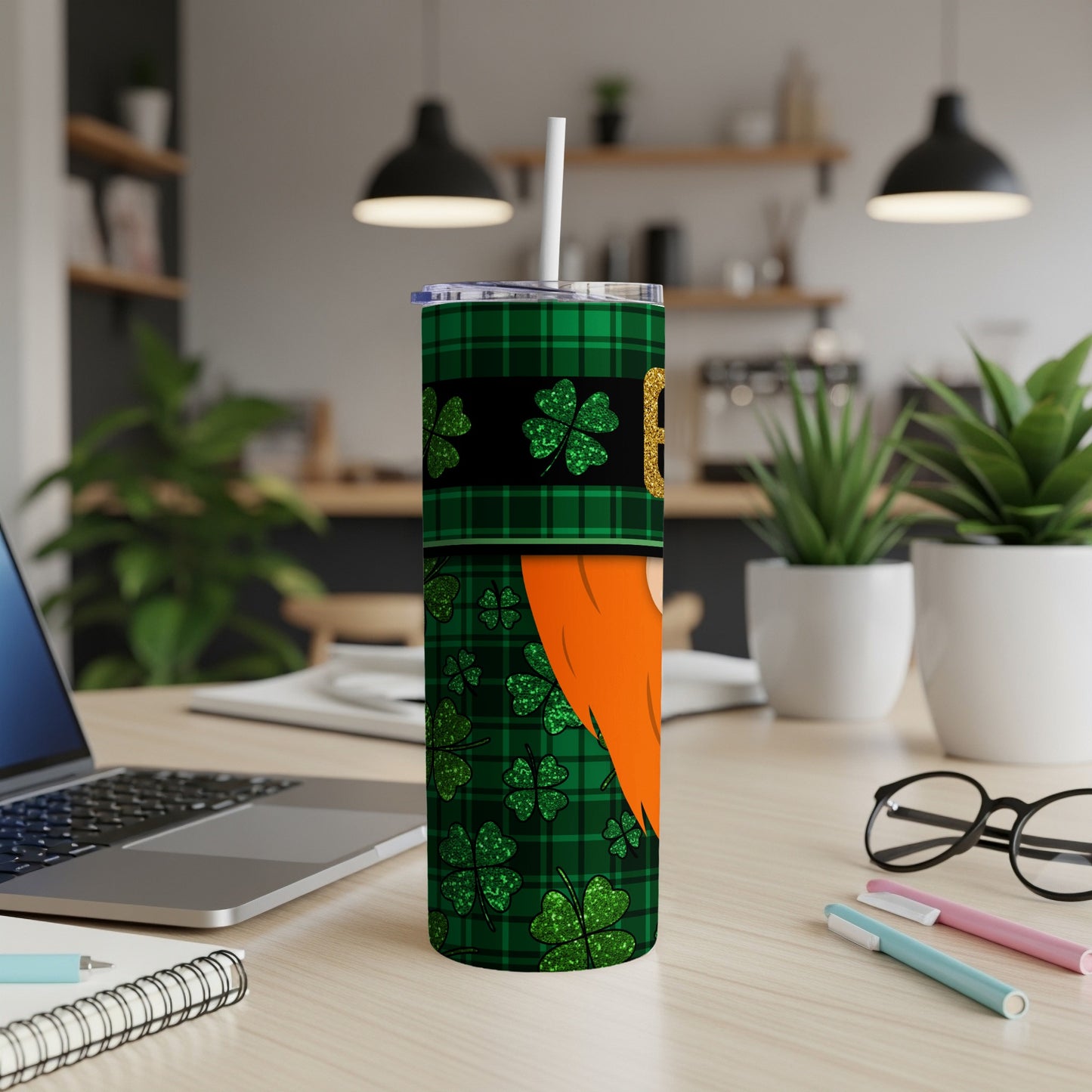 Green plaid tumbler with leprechaun beard and shamrocks.