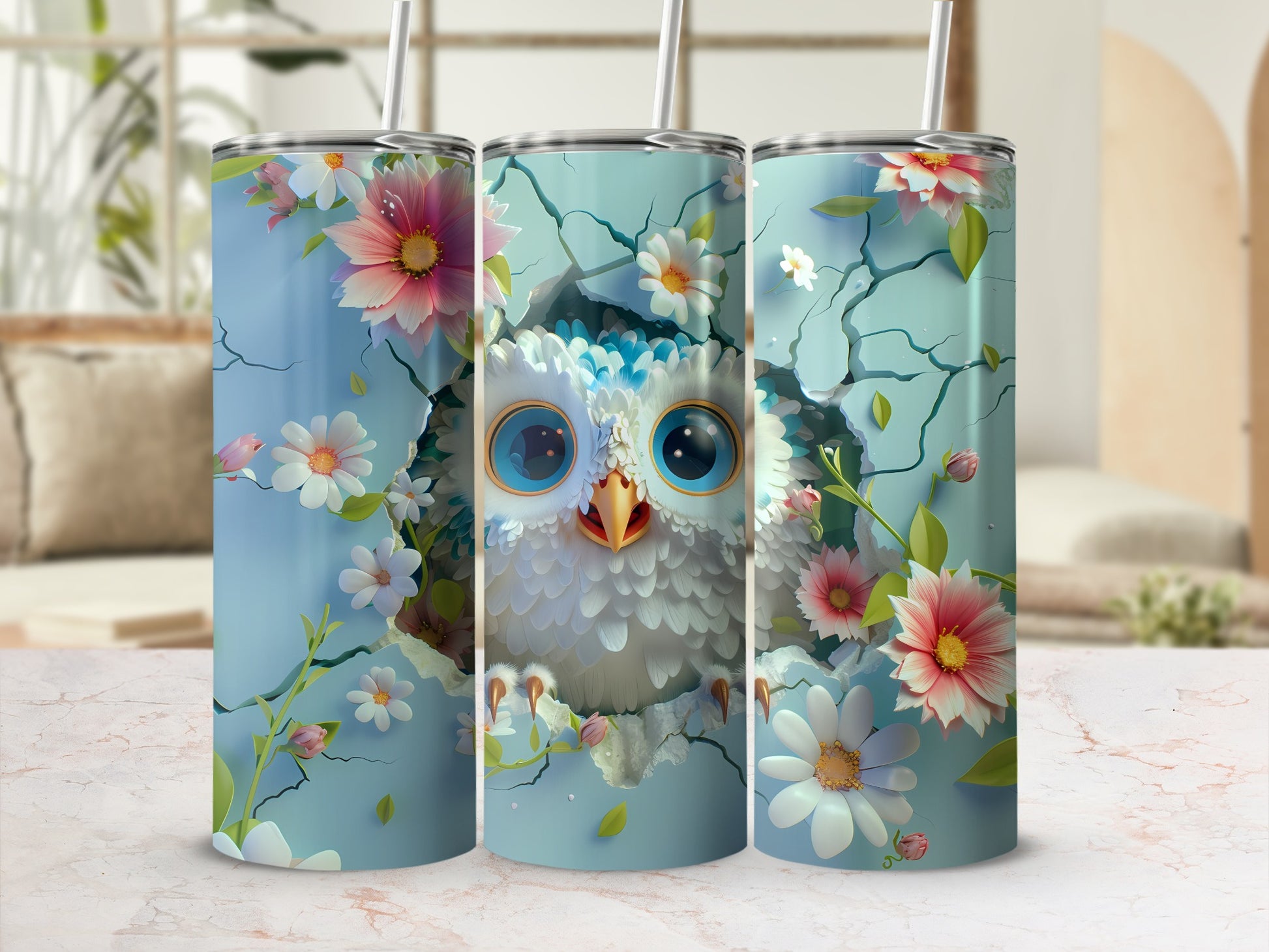 Owl with wide blue eyes peeking through cracked blue wall with flowers.
