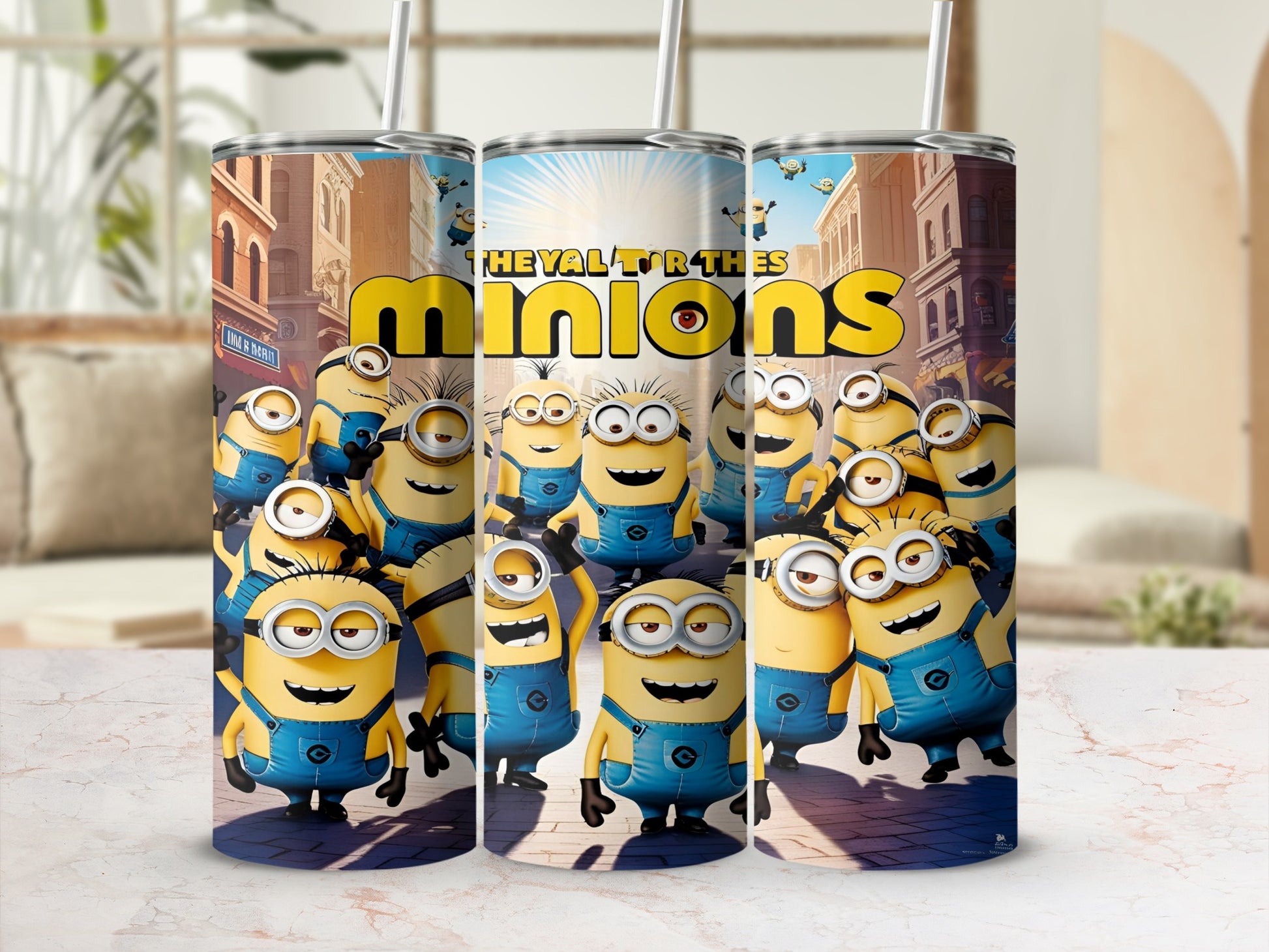 Minions characters in overalls standing together with the "Minions" logo.