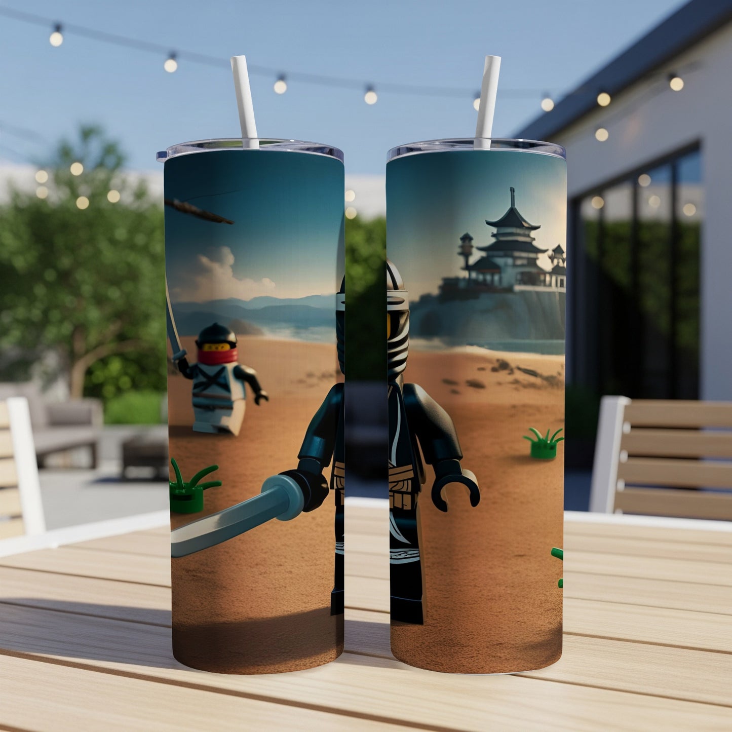 Two Lego Ninjago tumblers with ninja figures and a temple scene.