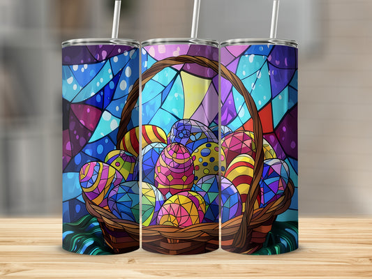 Easter basket filled with colorful, stained-glass patterned eggs on a wooden surface.