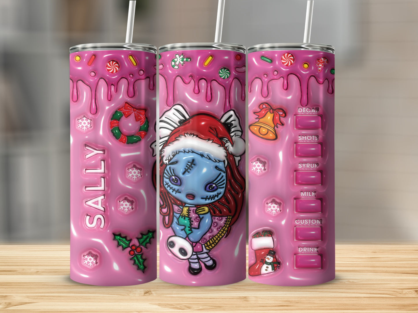 Custom Christmas Character Pink Tumbler with Straw