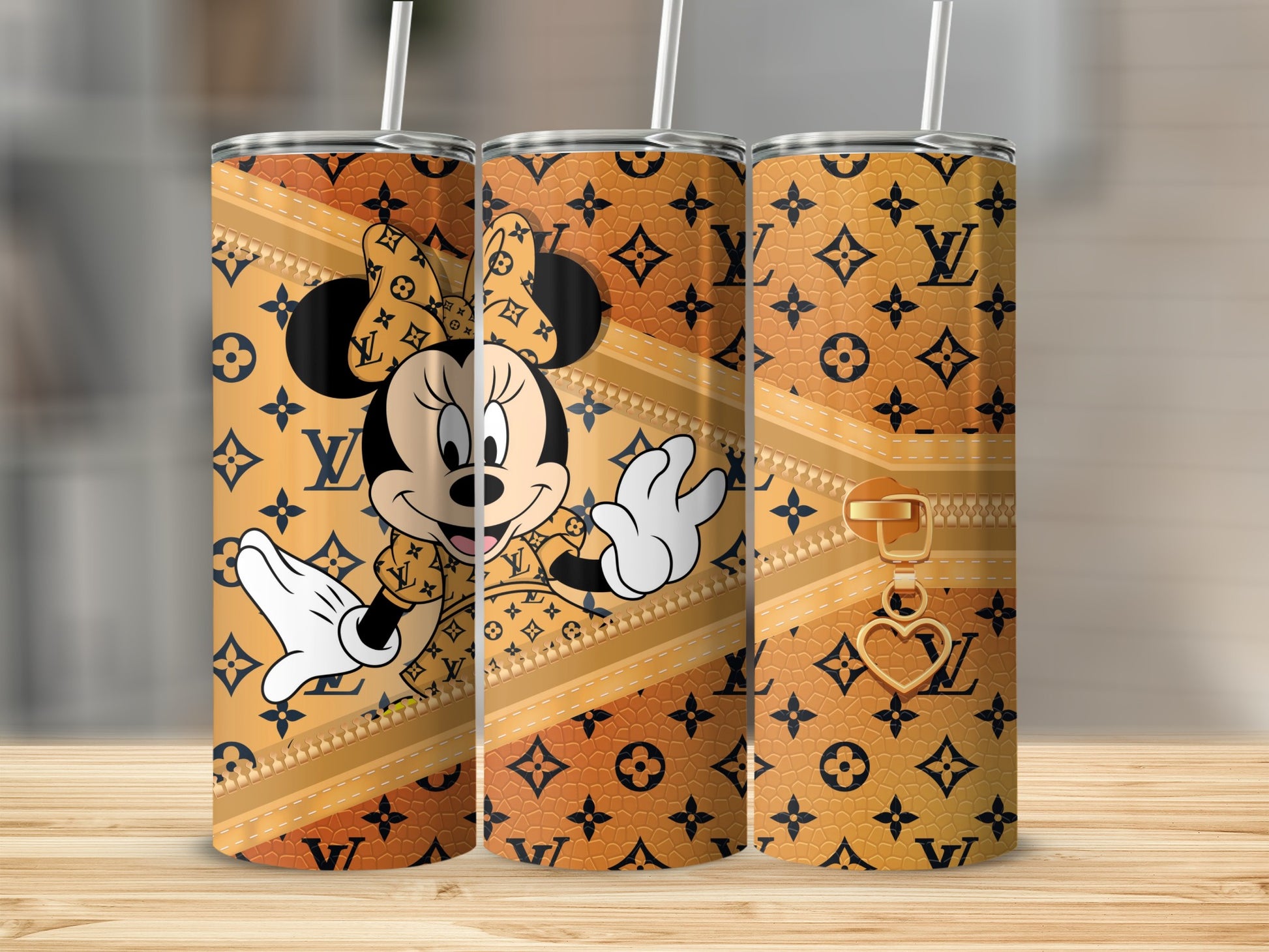 Minnie Mouse with Louis Vuitton pattern and gold zipper on a tumbler.
