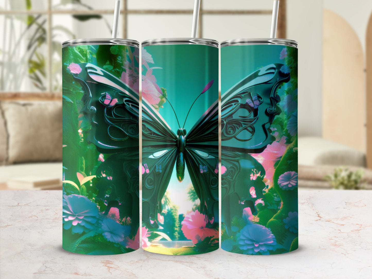 Green tumbler with iridescent butterfly and floral background.