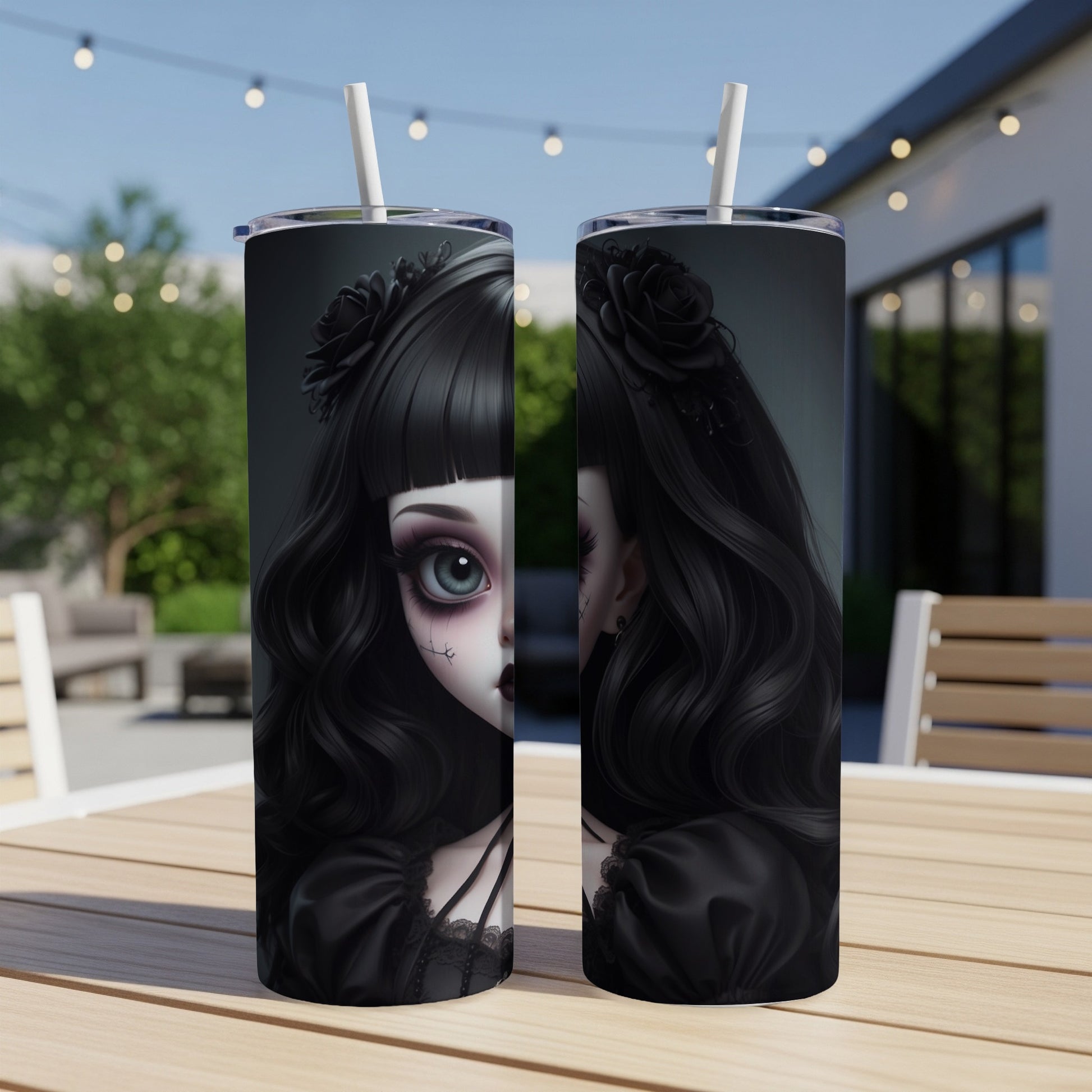 Two tumblers featuring a gothic doll with dark hair and a black outfit.