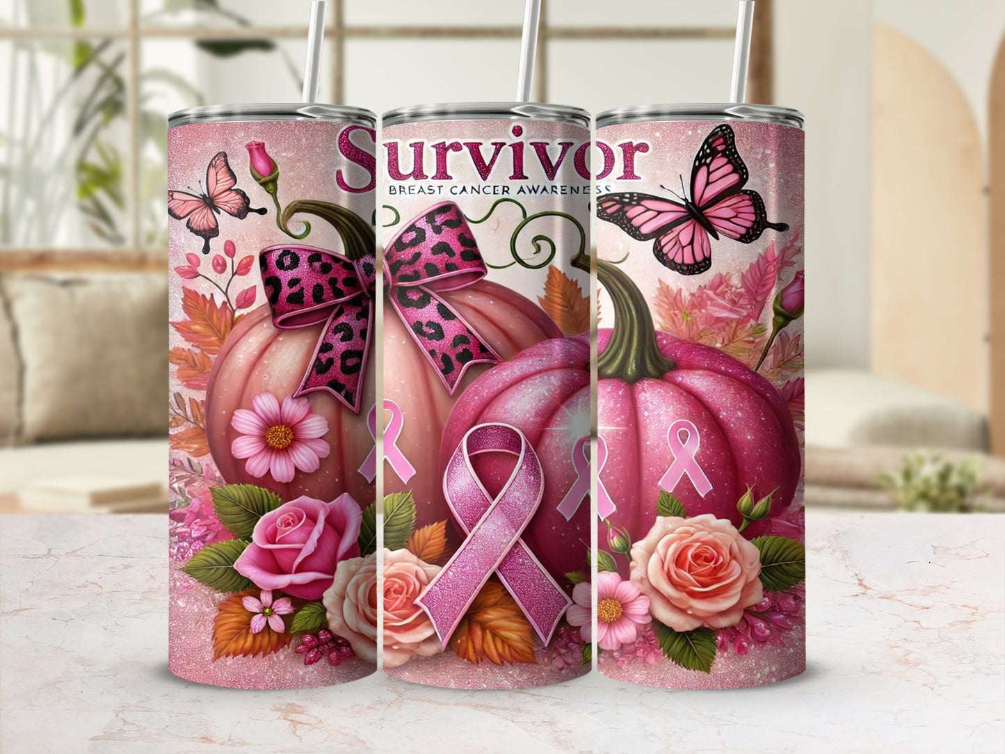 Pink pumpkin, roses, and butterflies adorn a "Survivor" tumbler with breast cancer ribbons.