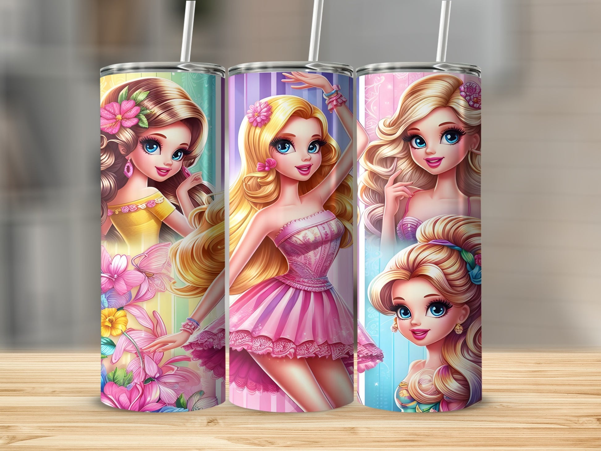 Three Barbie-style dolls in colorful dresses with floral accents on tumblers.