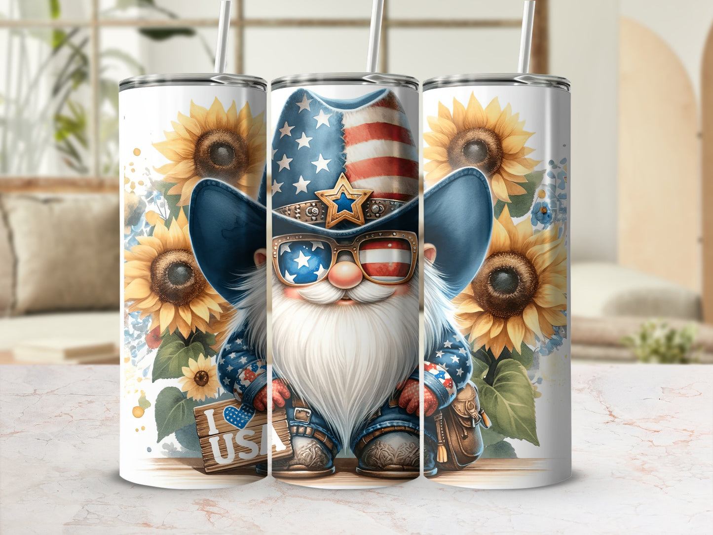 Gnome wearing American flag hat and sunglasses, holding "I Love USA" sign, surrounded by sunflowers.