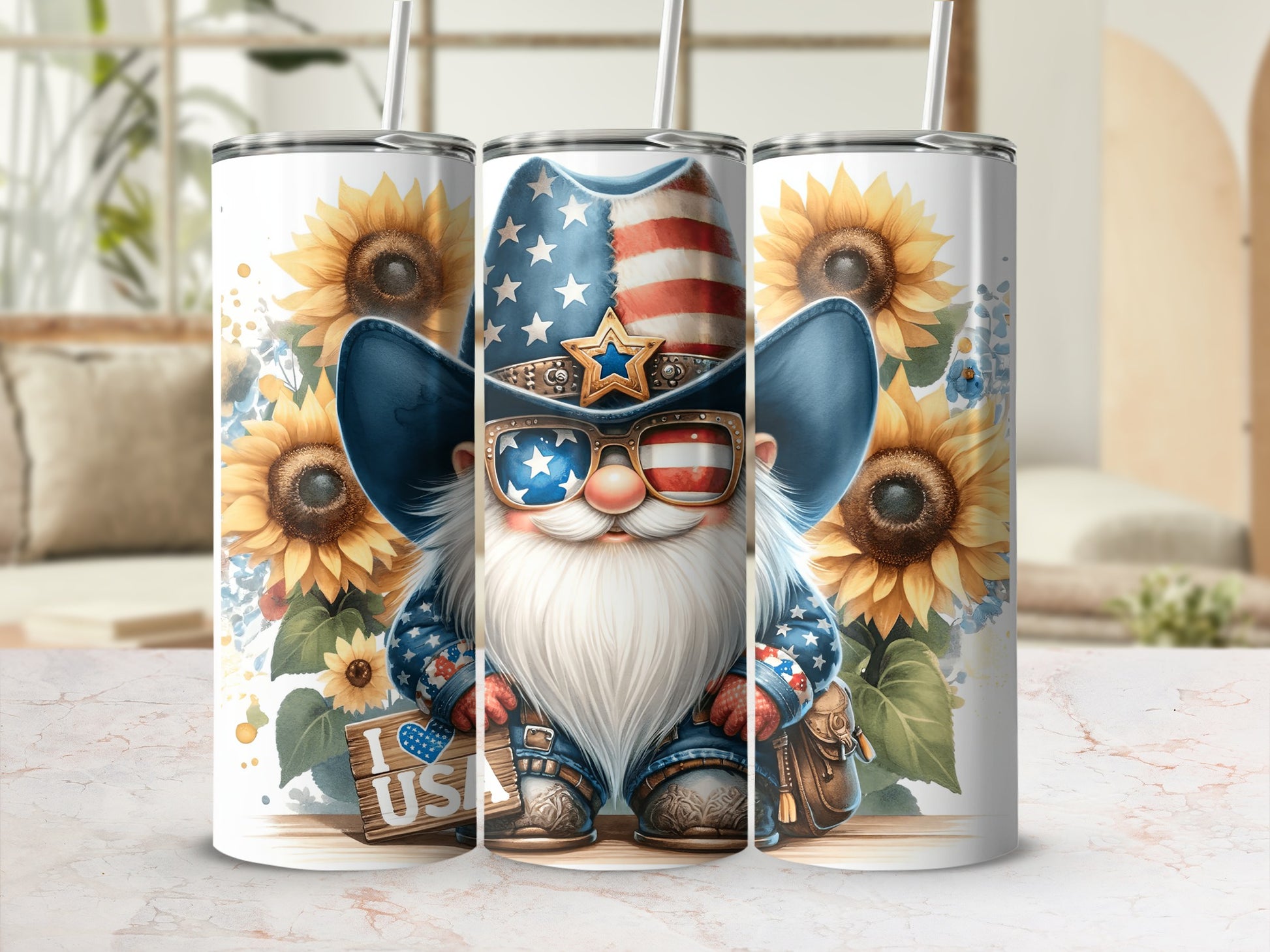 Gnome wearing American flag hat and sunglasses, holding "I Love USA" sign, surrounded by sunflowers.