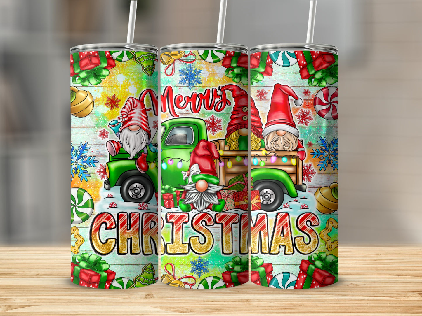 Three Christmas gnomes and a truck with "Merry Christmas" text on a tumbler.