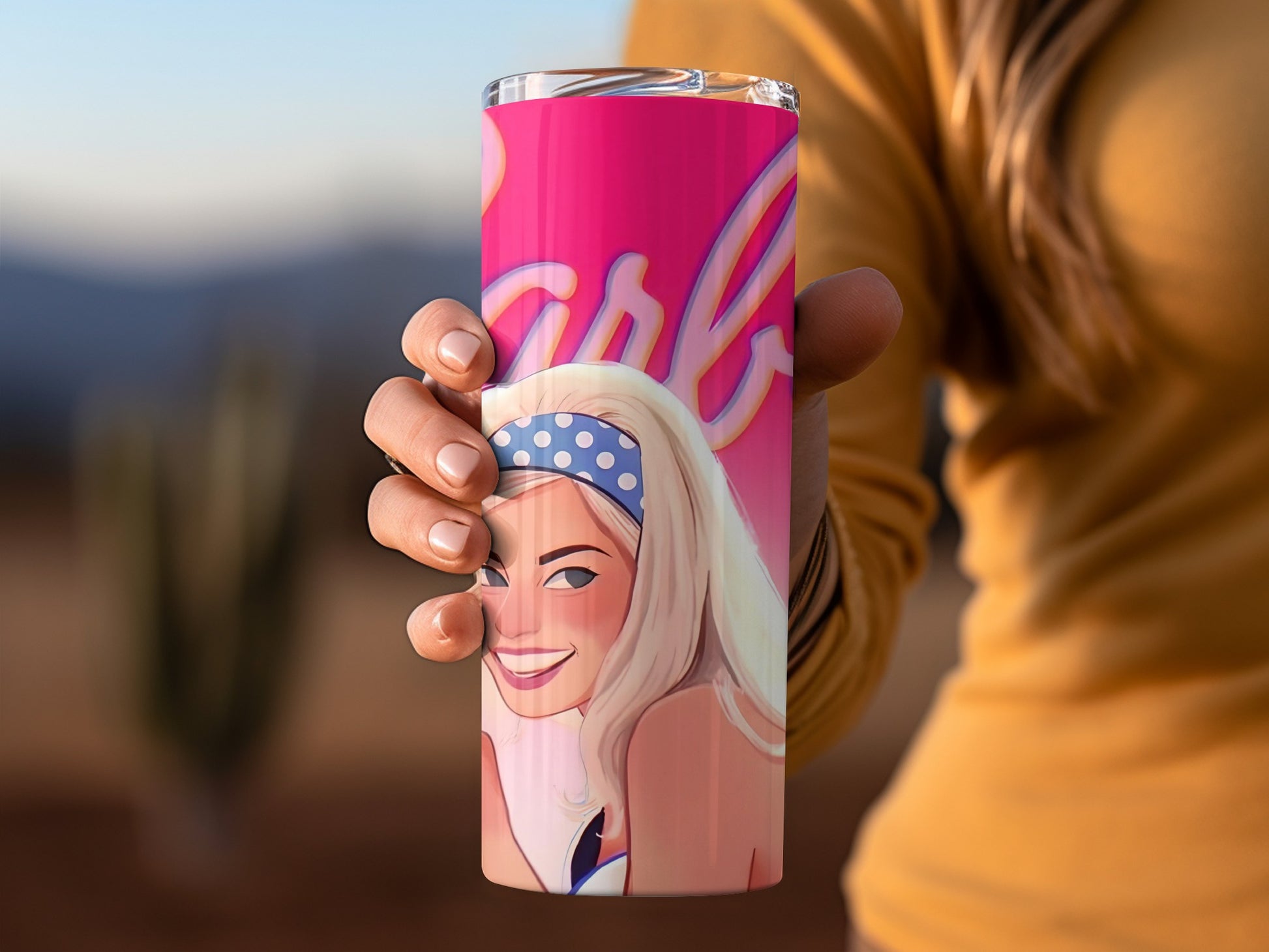 Pink Tumbler with Retro Blonde Cartoon Character Design