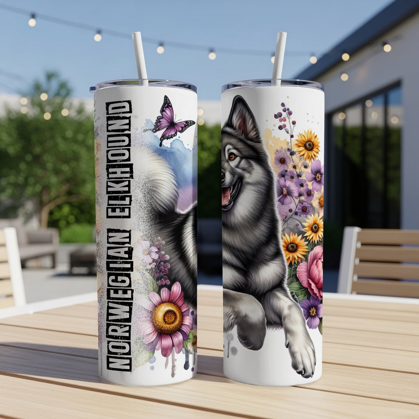Norwegian Elkhound dog with flowers and butterfly on a tumbler.
