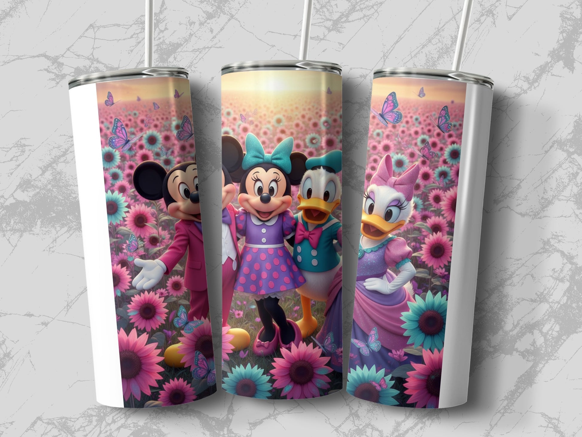 Colorful Disney Characters in Flower Field Tumbler
