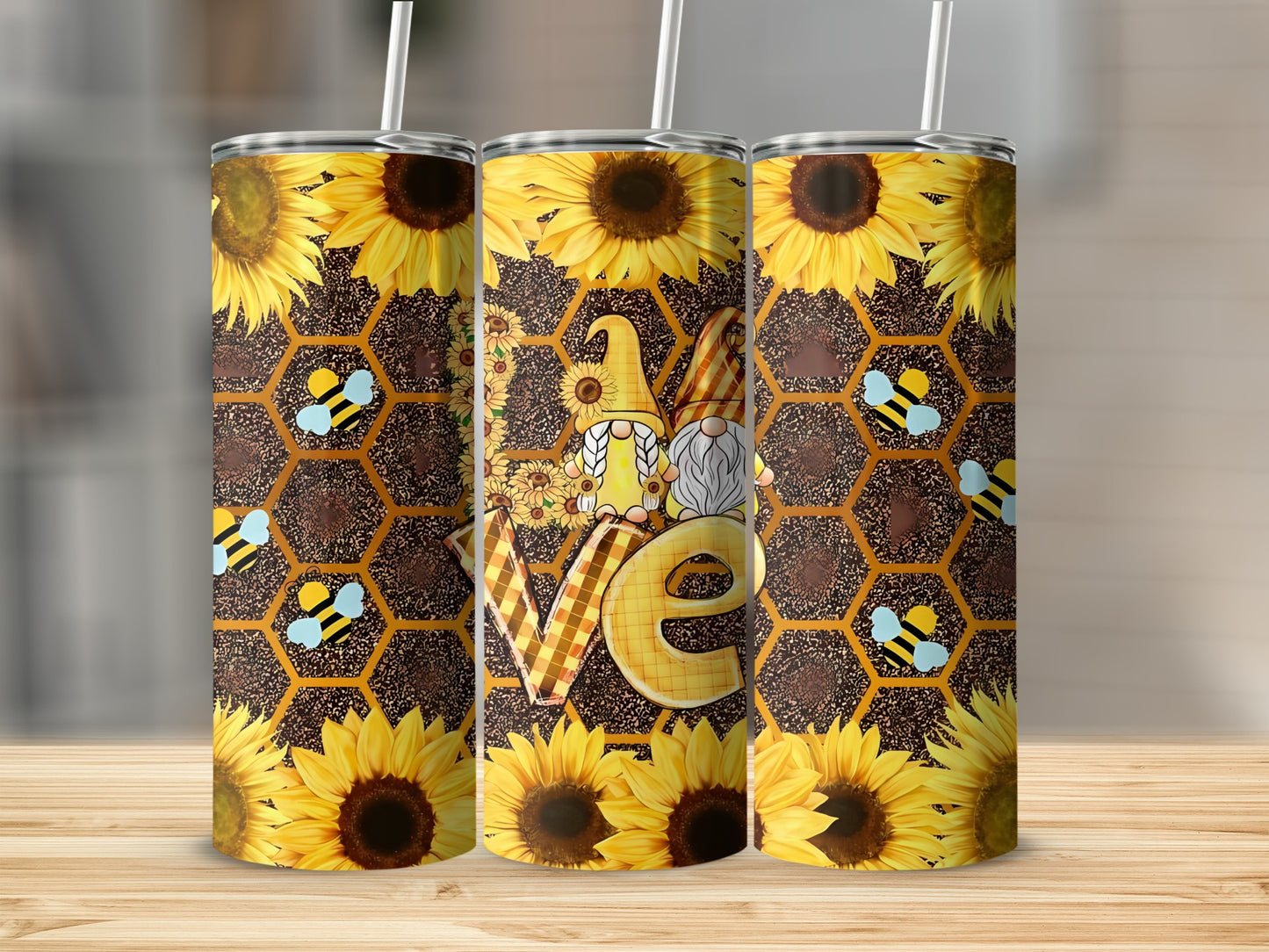 Sunflowers Gnomes Bees Honeycomb Design Tumbler