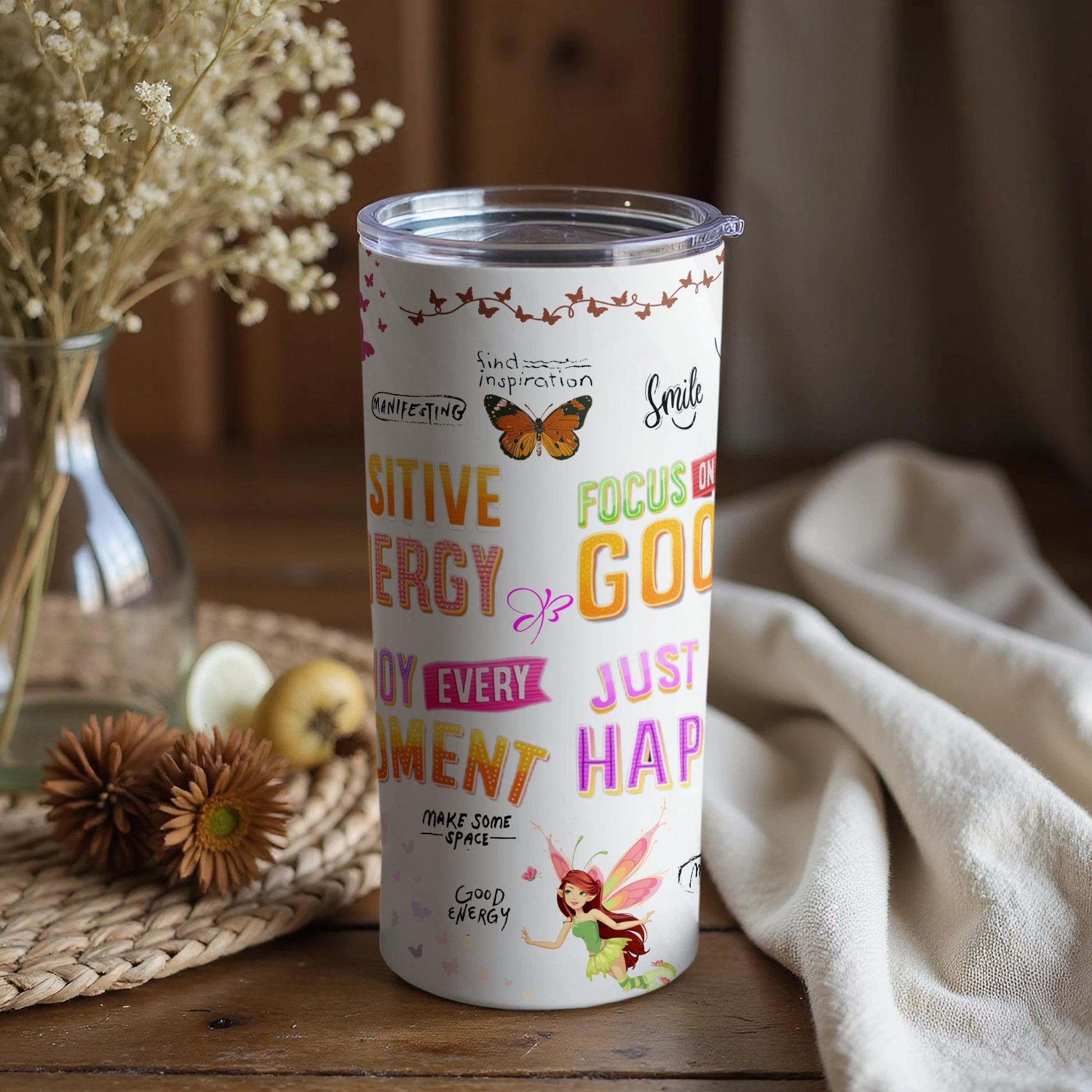 Positive Inspiration Focus Smile Butterfly Fairy Tumbler