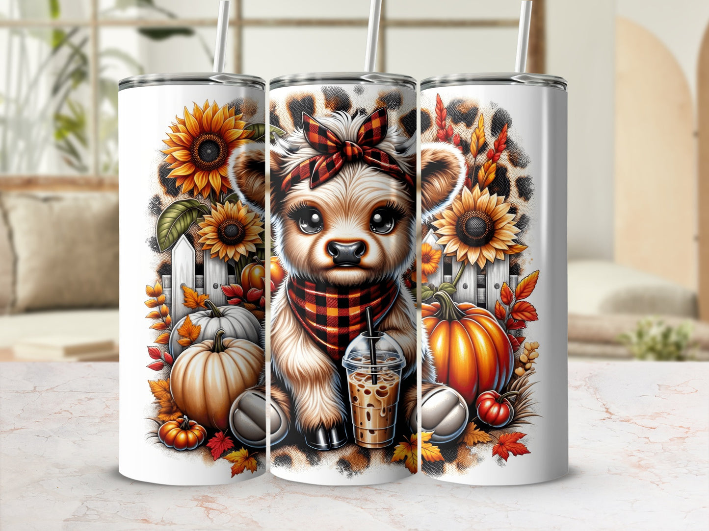 Cute puppy with sunflowers, pumpkins, and leopard print on a tumbler.