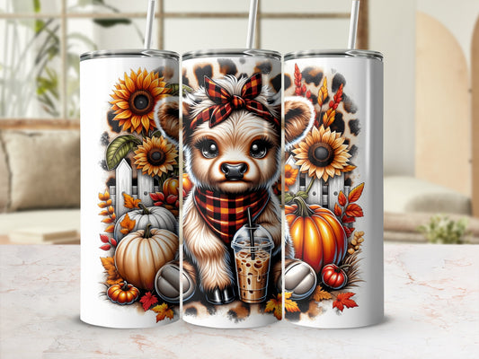 Cute puppy with sunflowers, pumpkins, and leopard print on a tumbler.