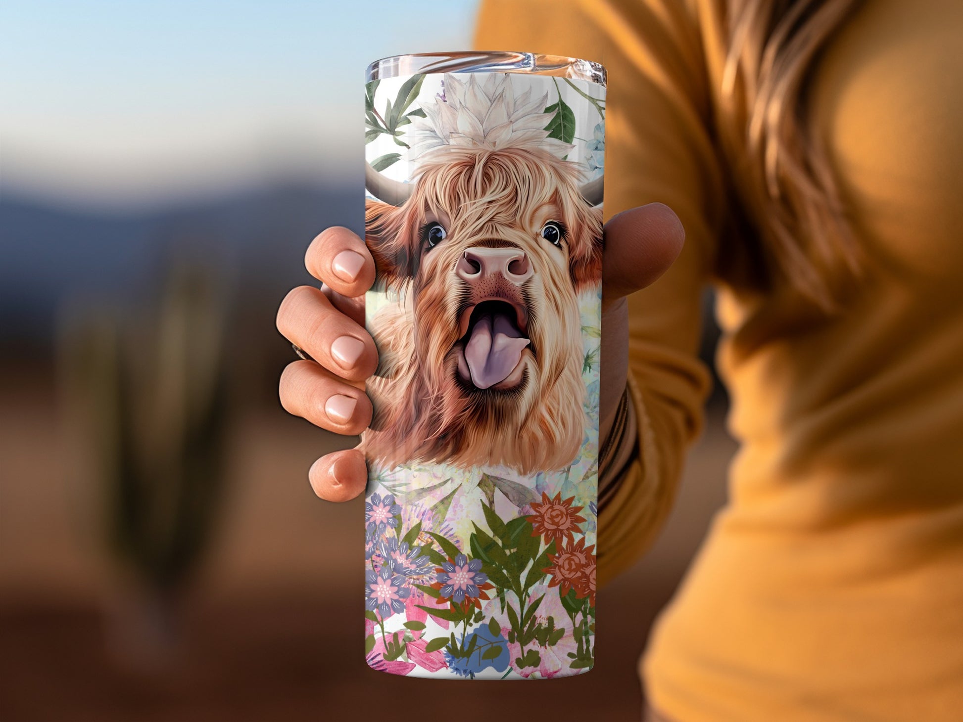 Highland Cow With Floral Background Travel Tumbler