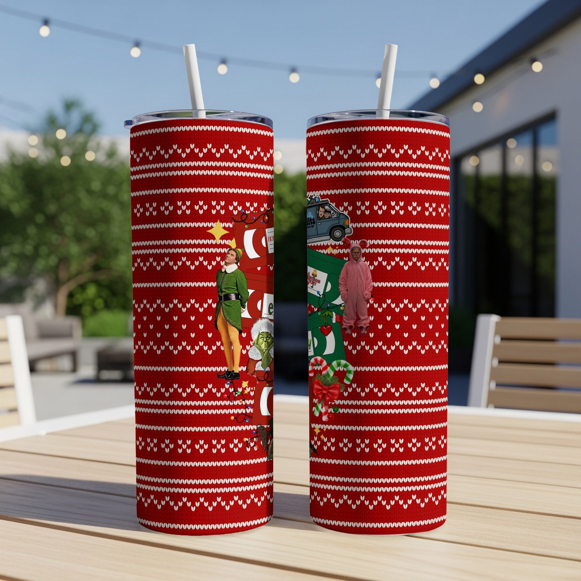 Buddy the Elf and Santa printed on a red Christmas sweater pattern tumbler.