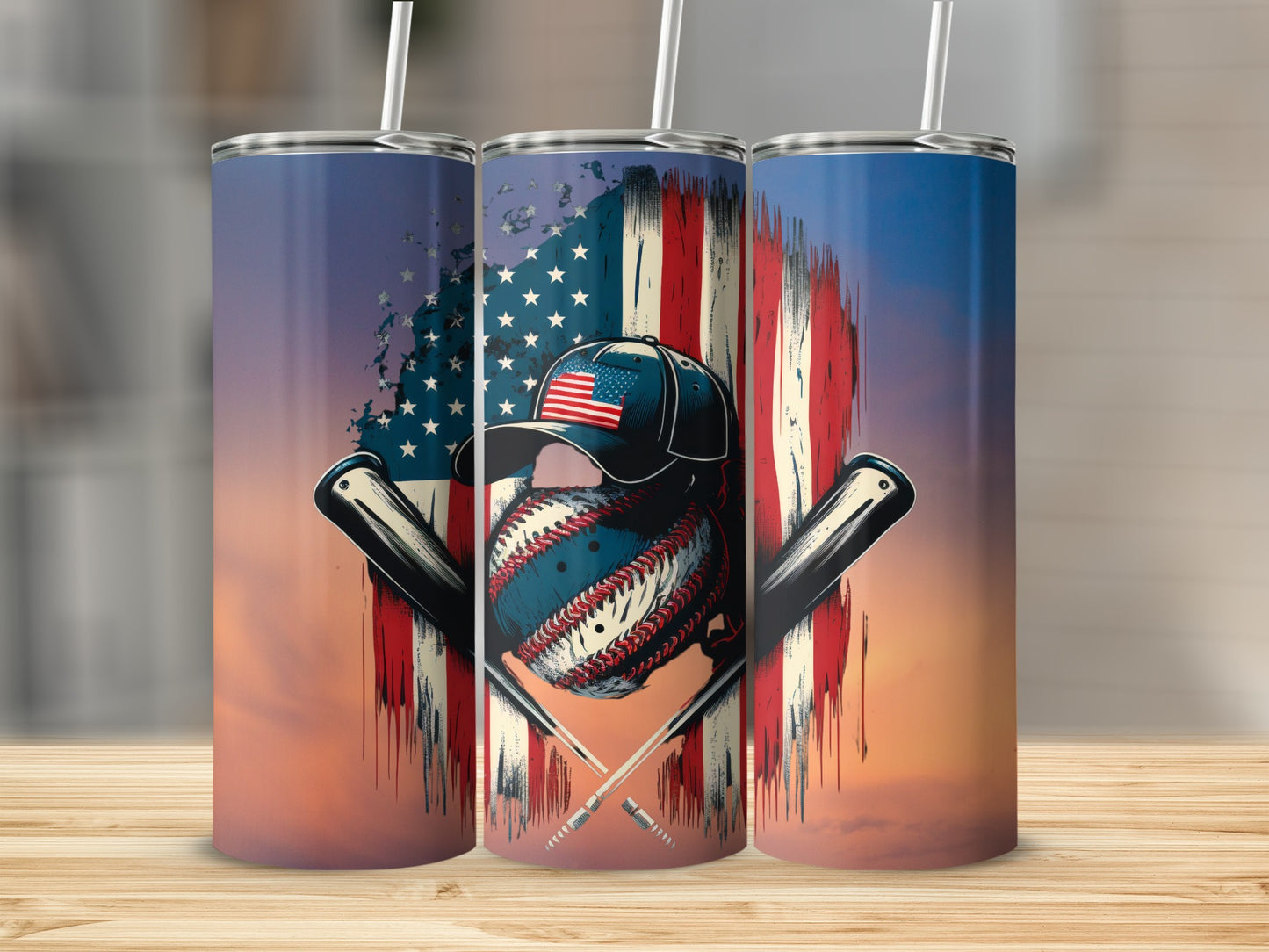 American Flag Baseball Design Tumbler with Straws
