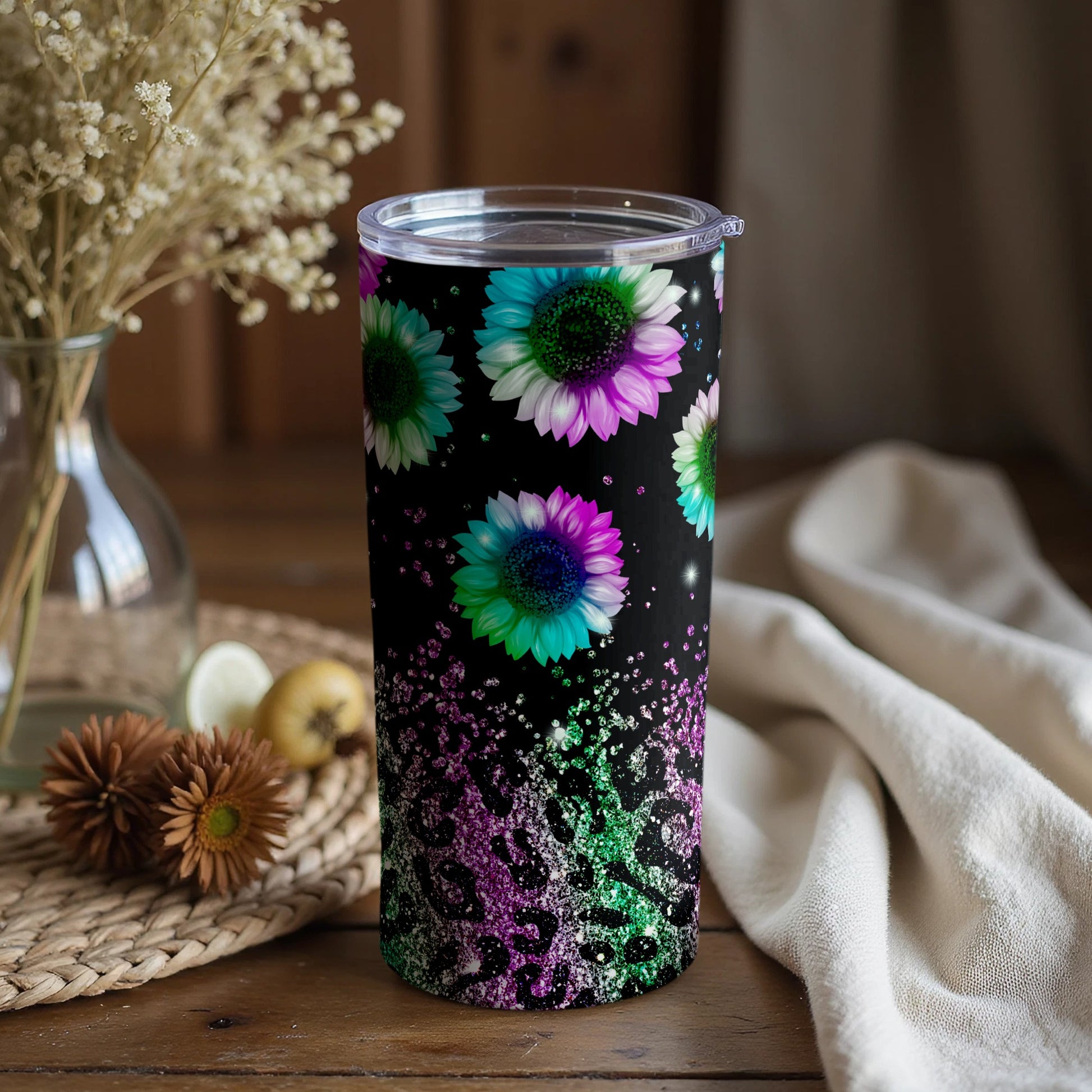 Colorful Flower Design on Black Background Tumbler