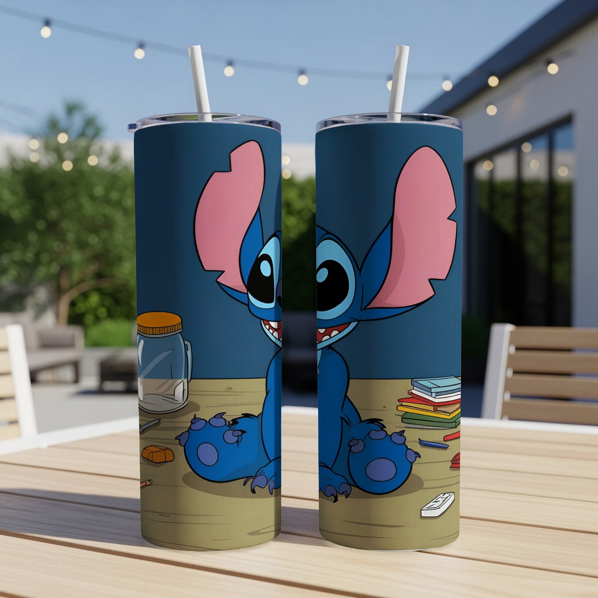 Stitch character on a blue tumbler with books and jar on a table.