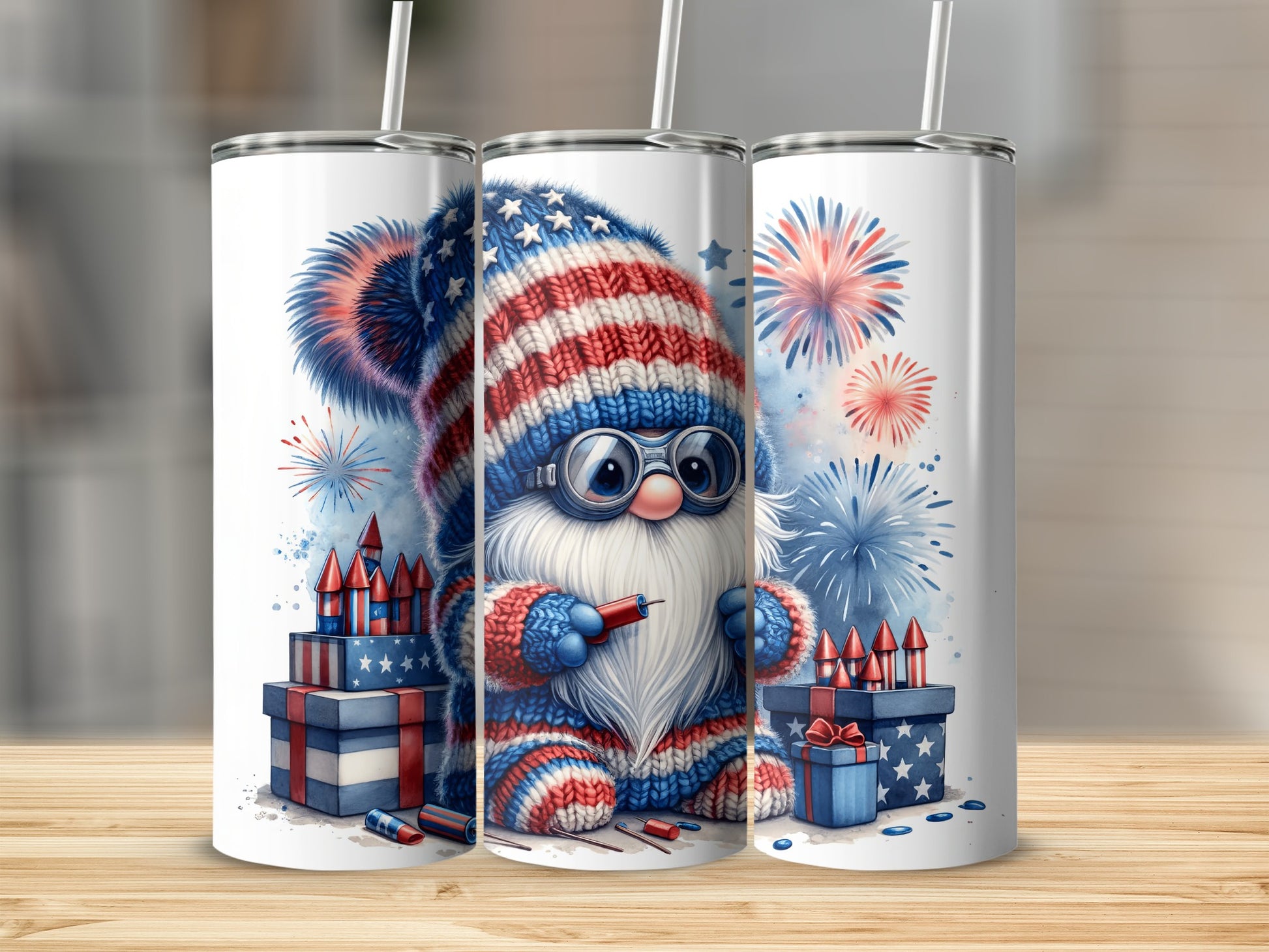 Gnome in patriotic hat and glasses holding sparkler near fireworks and gifts.